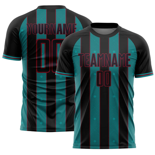 Custom Black Teal-Crimson Pinstripe Line Sports Sublimation Soccer Uniform Jersey - Main View