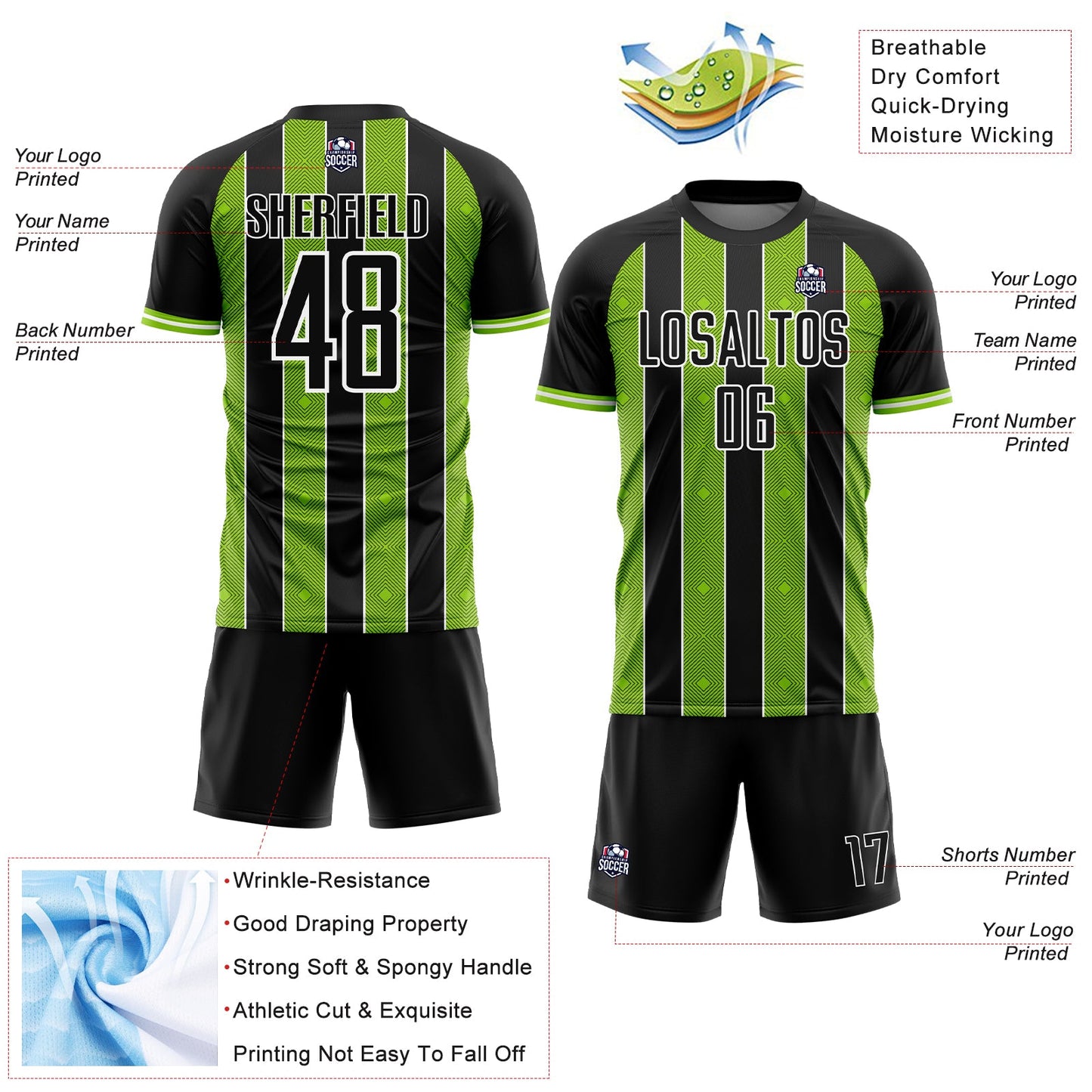 Custom Black Neon Green-White Pinstripe Line Sports Sublimation Soccer Uniform Jersey view 4