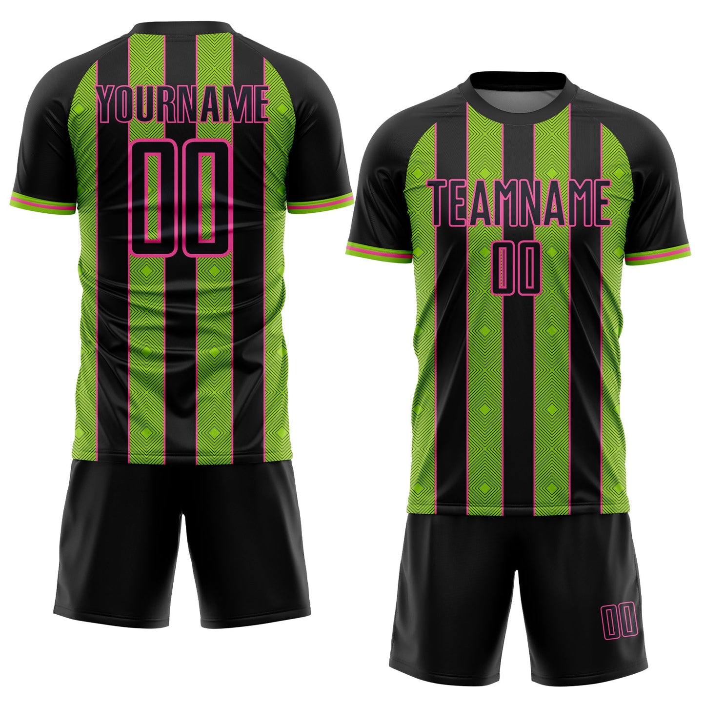 Custom Black Neon Green-Pink Pinstripe Line Sports Sublimation Soccer Uniform Jersey view 2