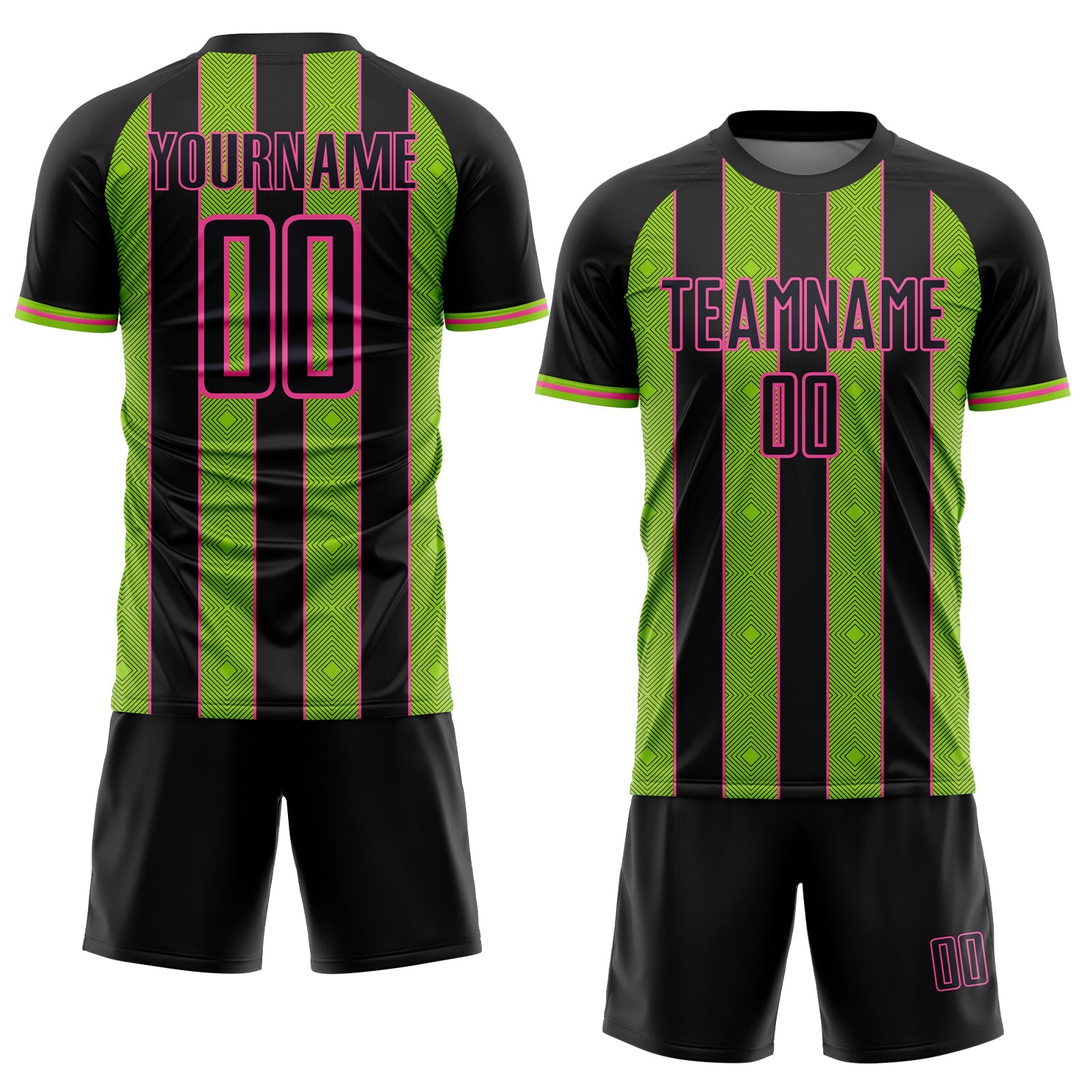 Custom Black Neon Green-Pink Pinstripe Line Sports Sublimation Soccer Uniform Jersey view 2