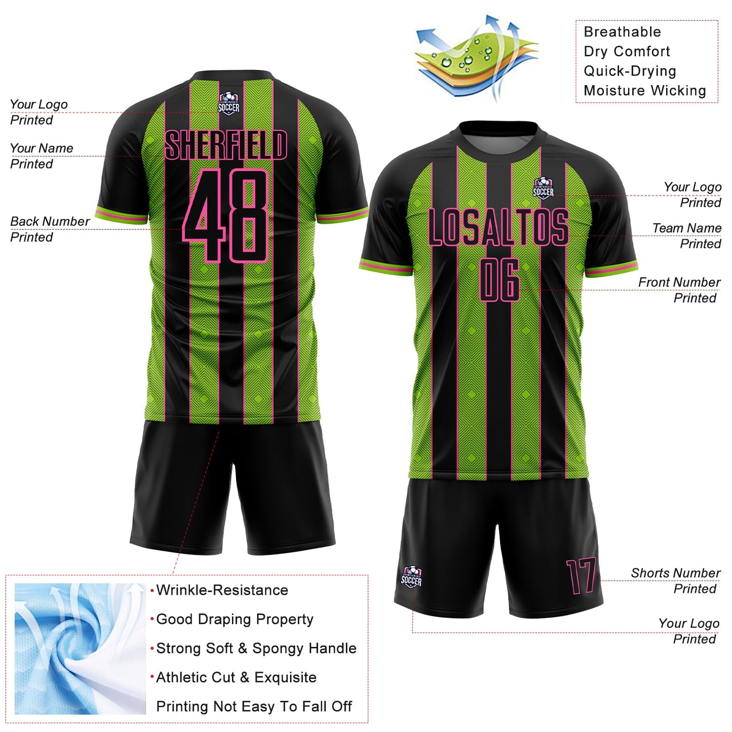 Custom Black Neon Green-Pink Pinstripe Line Sports Sublimation Soccer Uniform Jersey view 4
