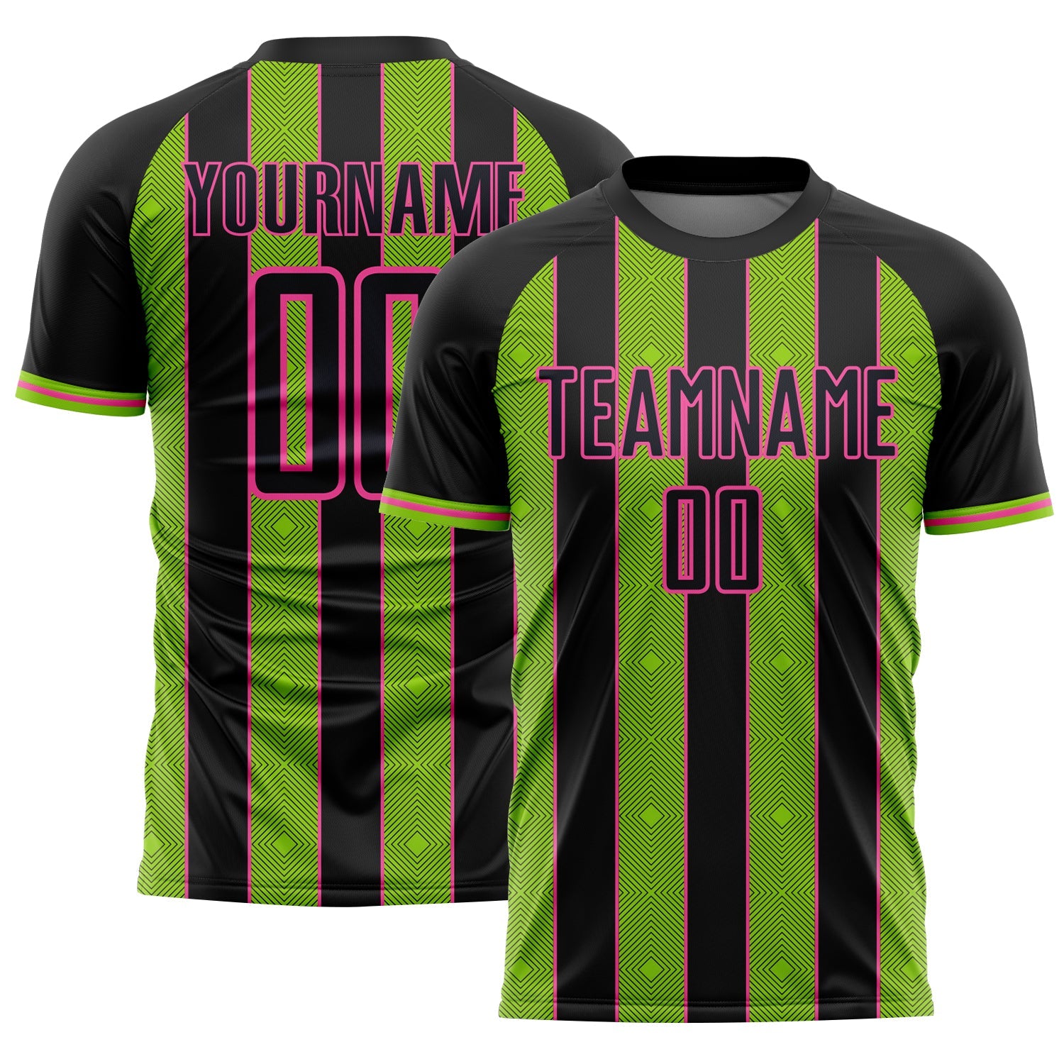 Custom Black Neon Green-Pink Pinstripe Line Sports Sublimation Soccer Uniform Jersey - Main View