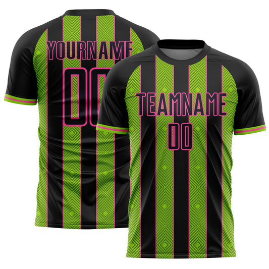 Custom Black Neon Green-Pink Pinstripe Line Sports Sublimation Soccer Uniform Jersey - Main View