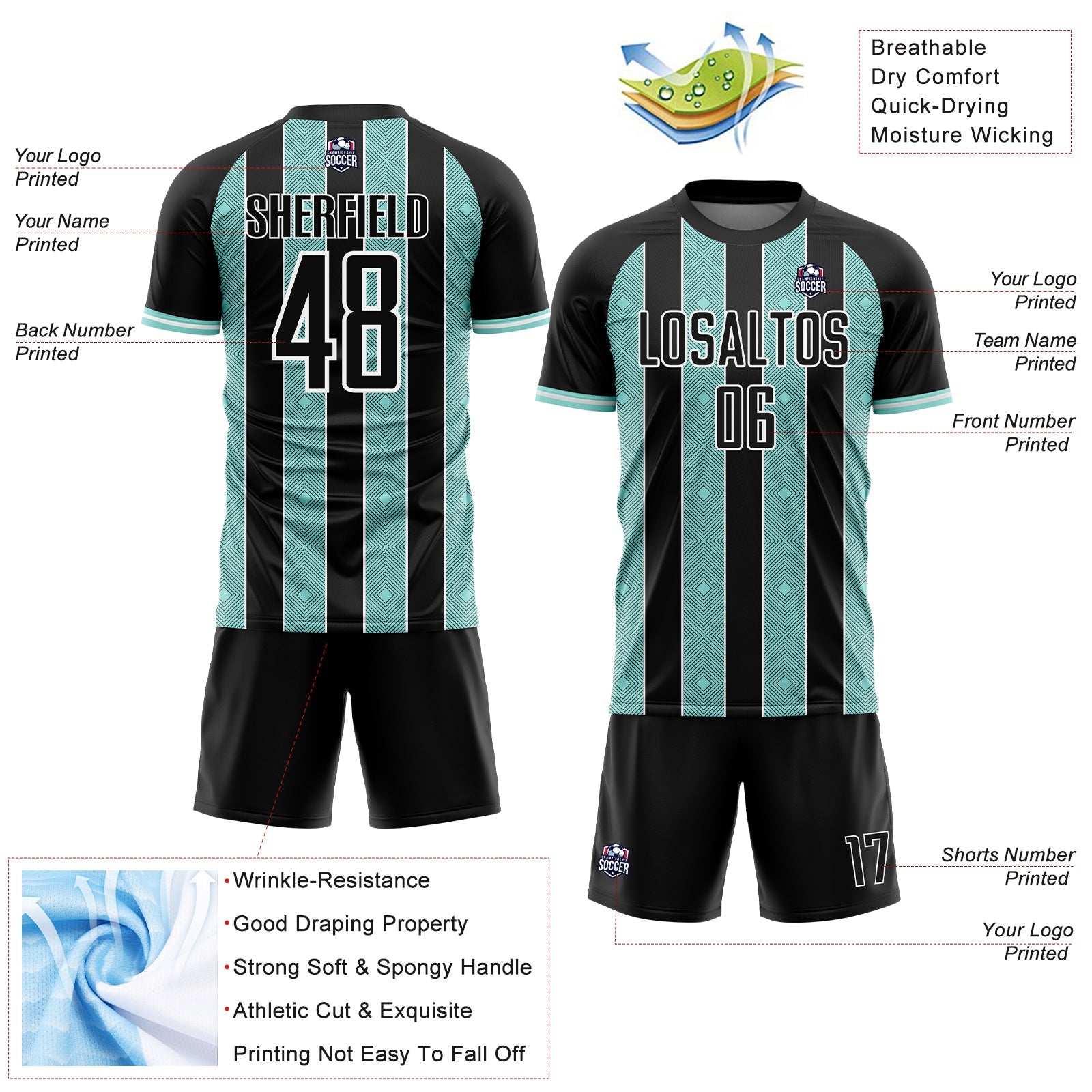 Custom Black Ice Blue-White Pinstripe Line Sports Sublimation Soccer Uniform Jersey view 4
