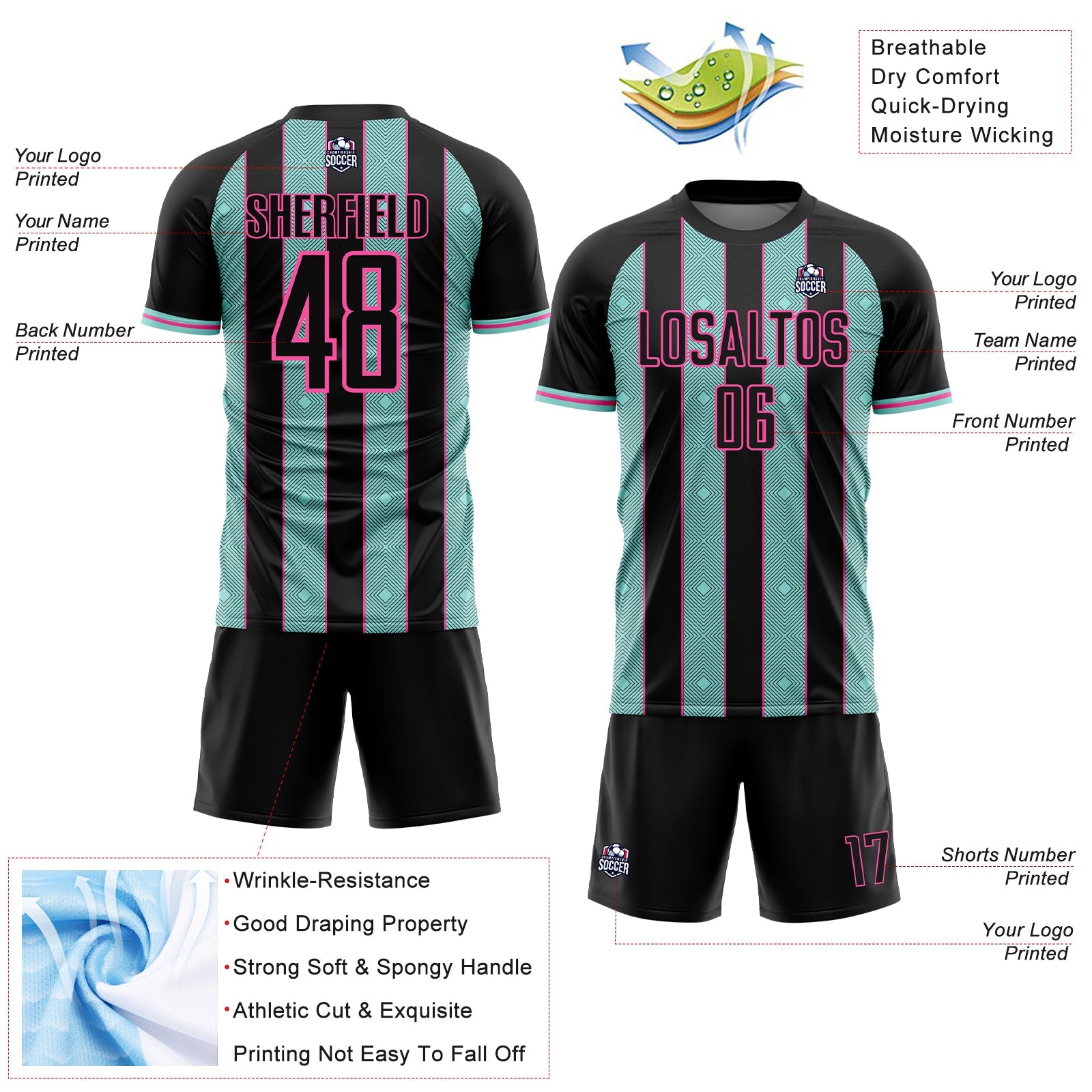 Custom Black Ice Blue-Pink Pinstripe Line Sports Sublimation Soccer Uniform Jersey view 4