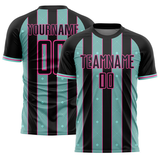 Custom Black Ice Blue-Pink Pinstripe Line Sports Sublimation Soccer Uniform Jersey - Main View