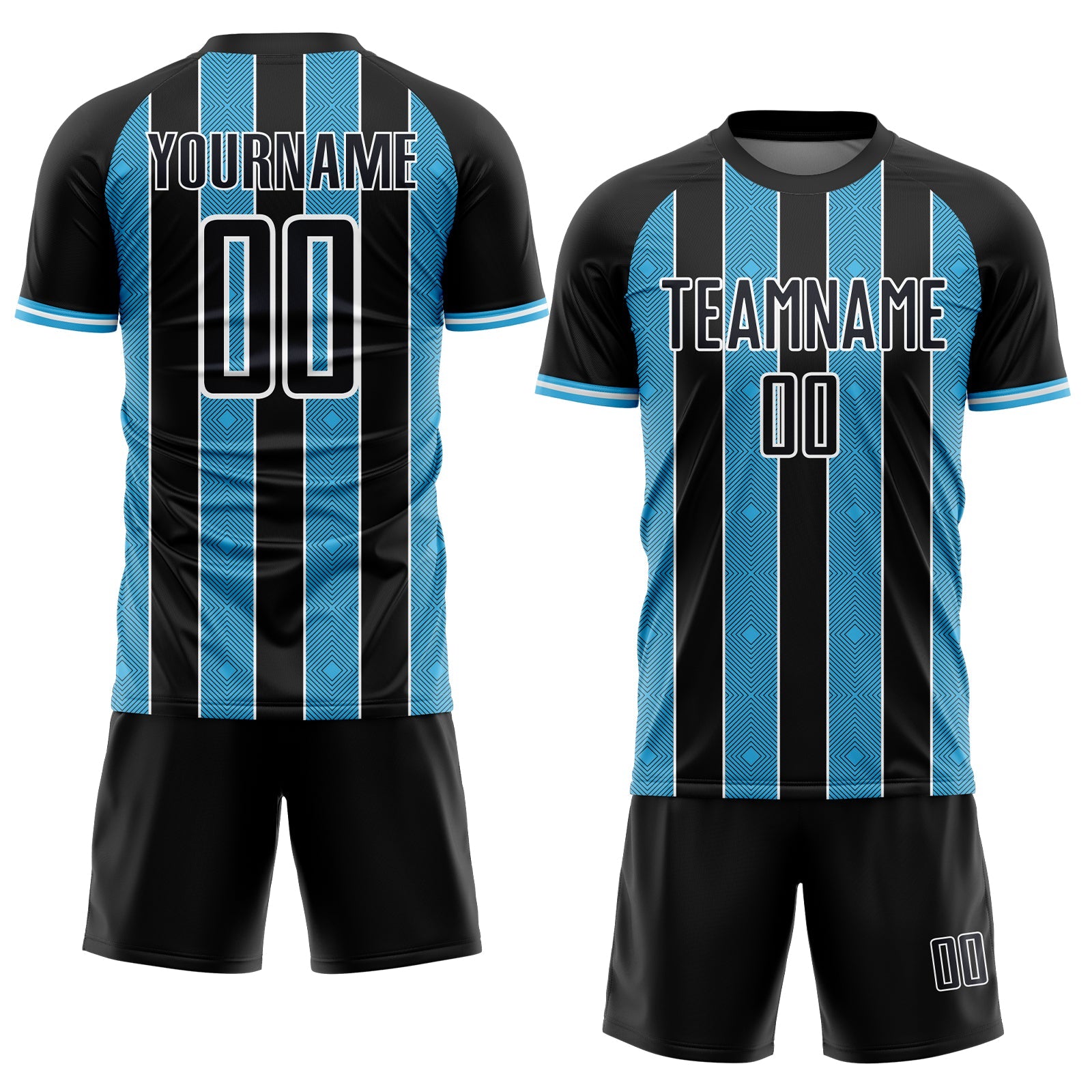 Custom Black Sky Blue-White Pinstripe Line Sports Sublimation Soccer Uniform Jersey view 2