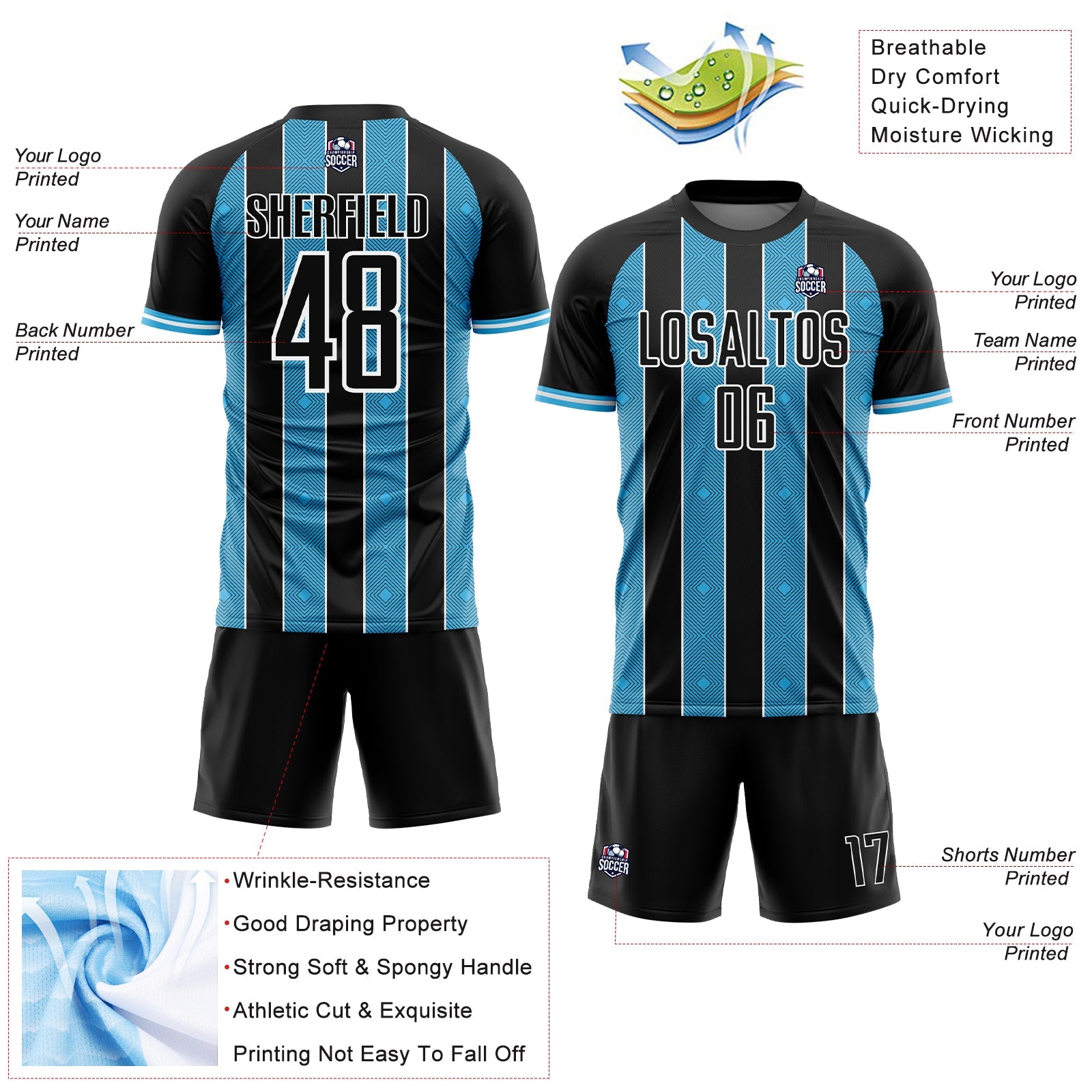 Custom Black Sky Blue-White Pinstripe Line Sports Sublimation Soccer Uniform Jersey view 4
