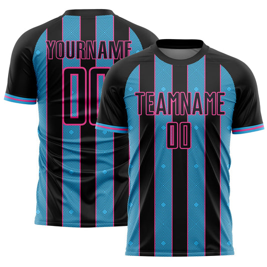 Custom Black Sky Blue-Pink Pinstripe Line Sports Sublimation Soccer Uniform Jersey - Main View