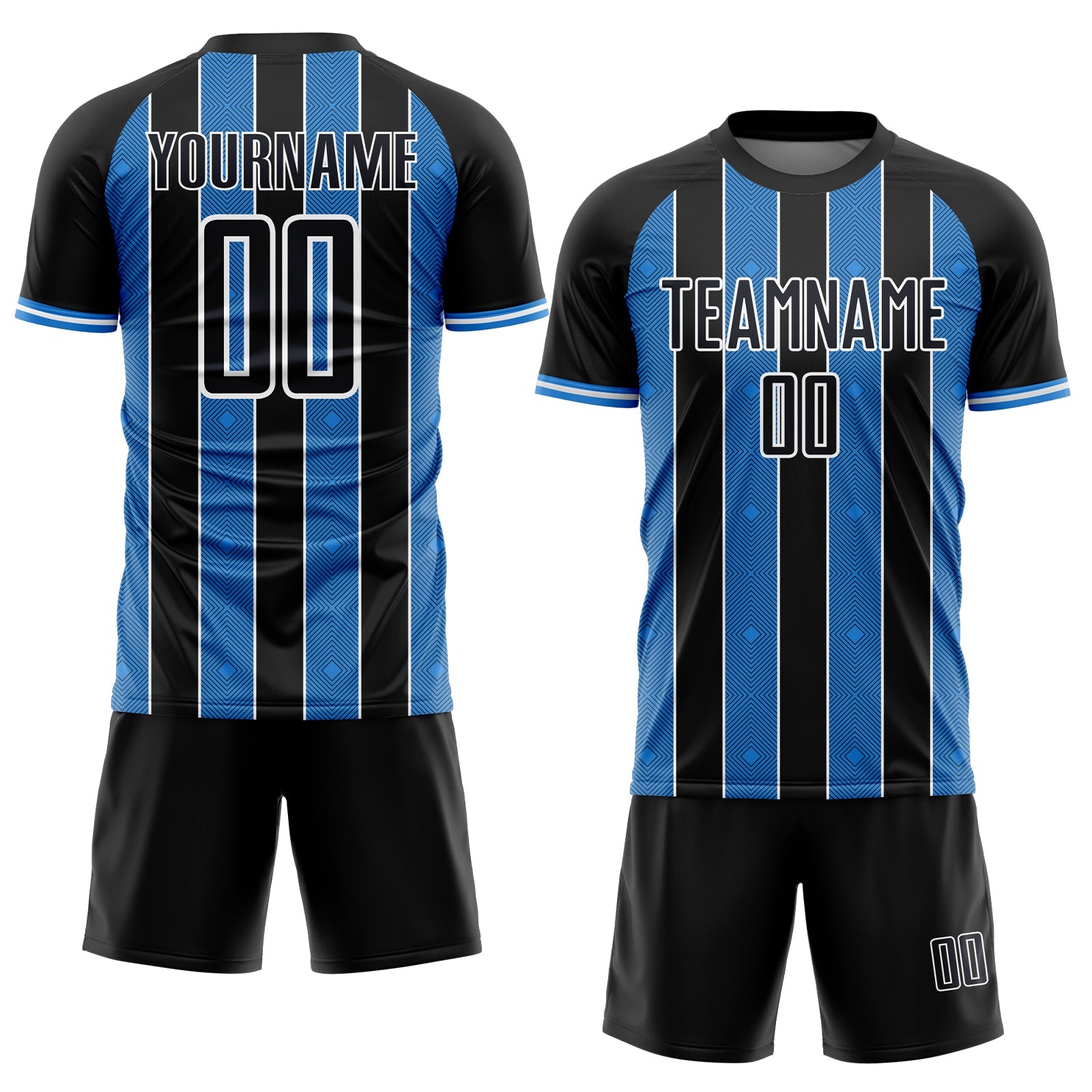 Custom Black Powder Blue-White Pinstripe Line Sports Sublimation Soccer Uniform Jersey view 2
