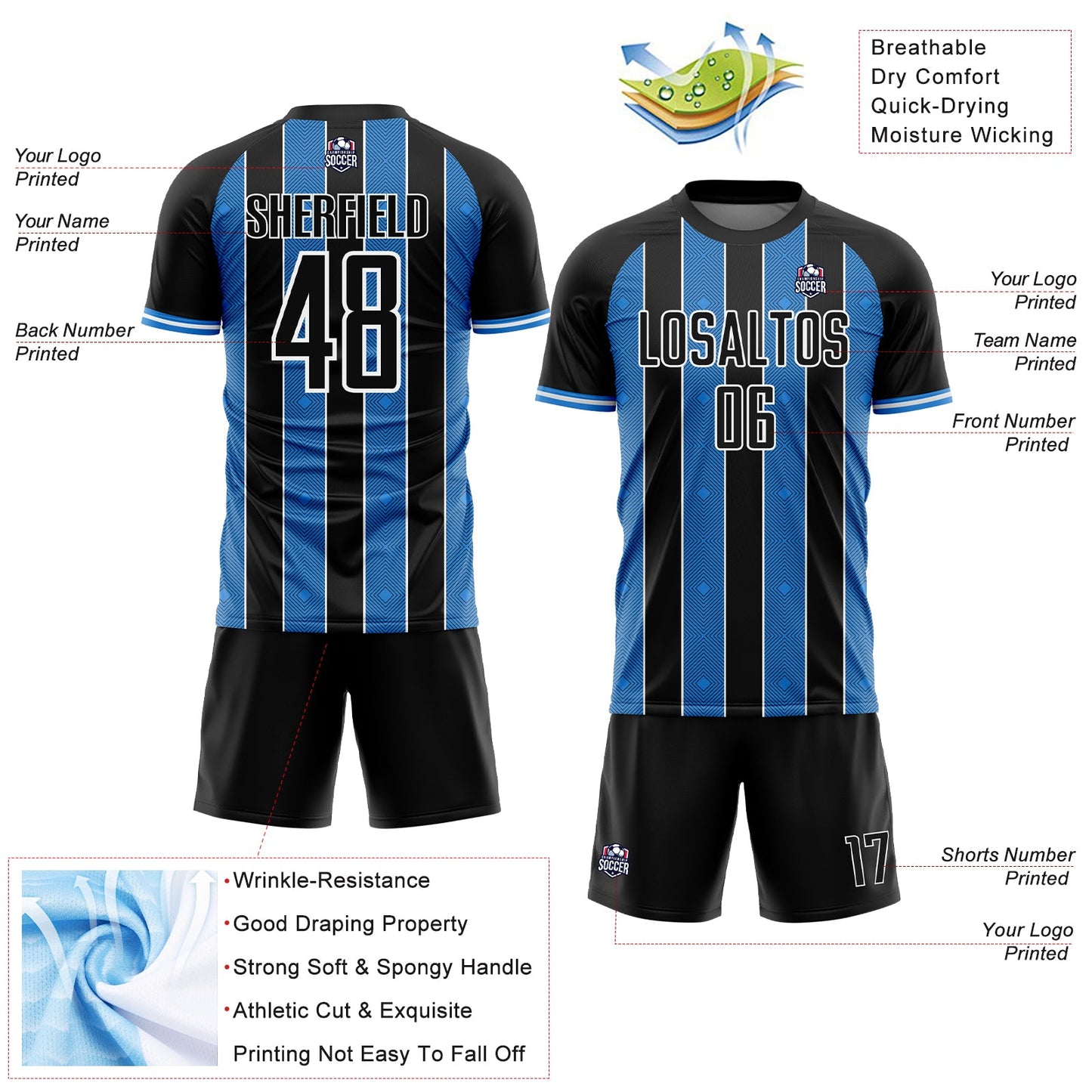 Custom Black Powder Blue-White Pinstripe Line Sports Sublimation Soccer Uniform Jersey view 4