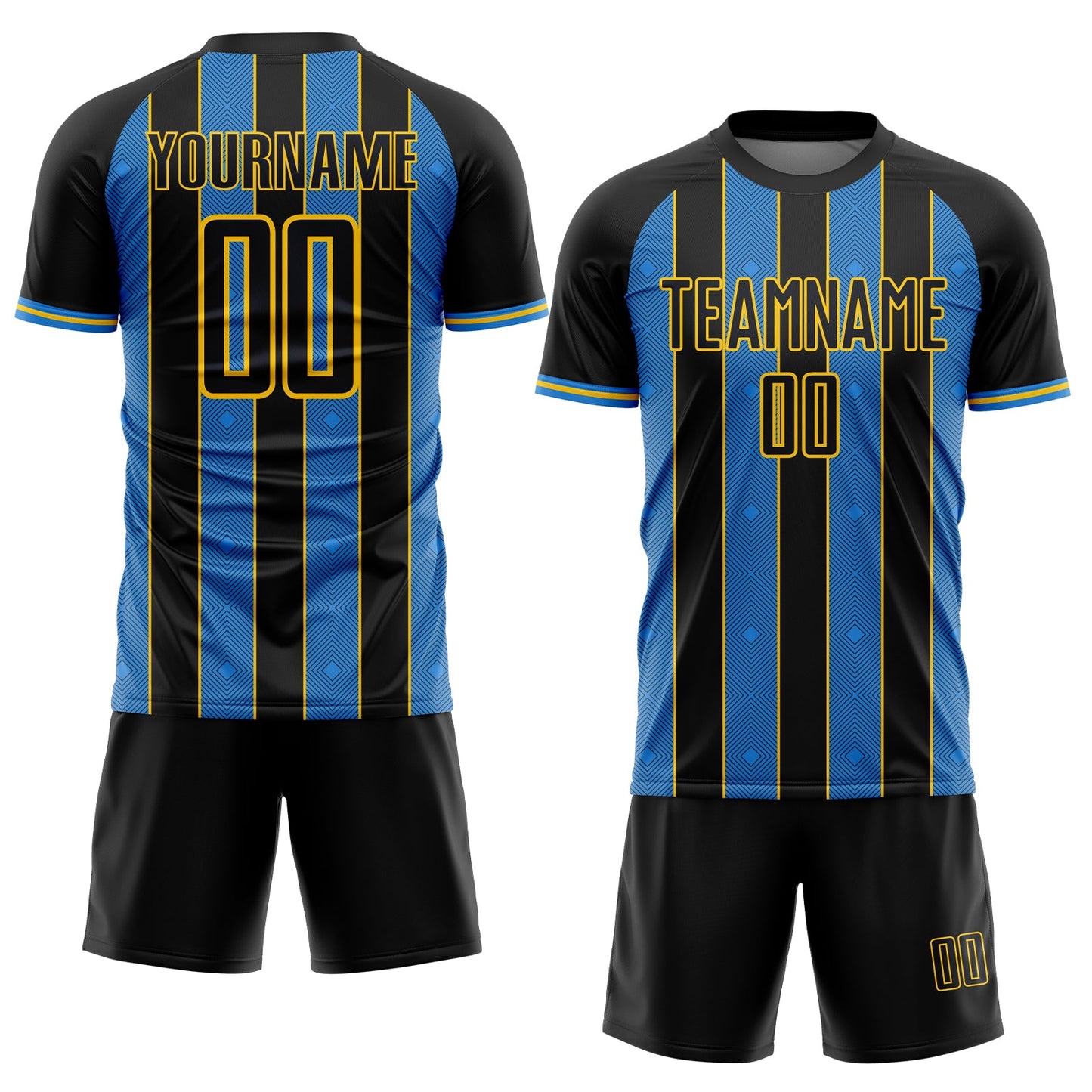 Custom Black Powder Blue-Yellow Pinstripe Line Sports Sublimation Soccer Uniform Jersey view 2