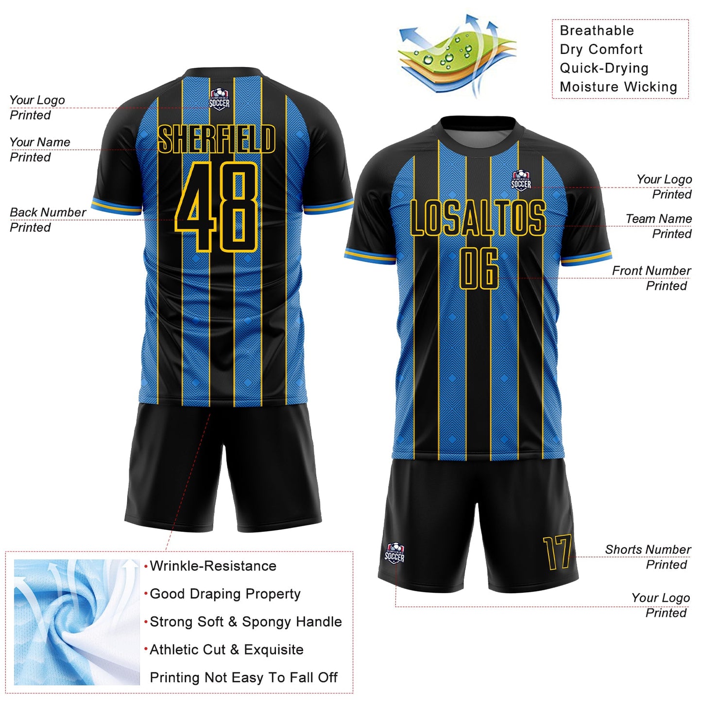 Custom Black Powder Blue-Yellow Pinstripe Line Sports Sublimation Soccer Uniform Jersey view 4