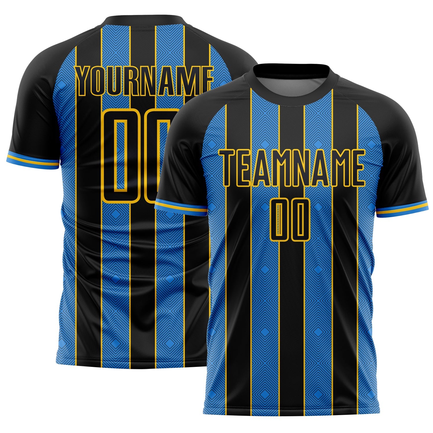 Custom Black Powder Blue-Yellow Pinstripe Line Sports Sublimation Soccer Uniform Jersey - Main View