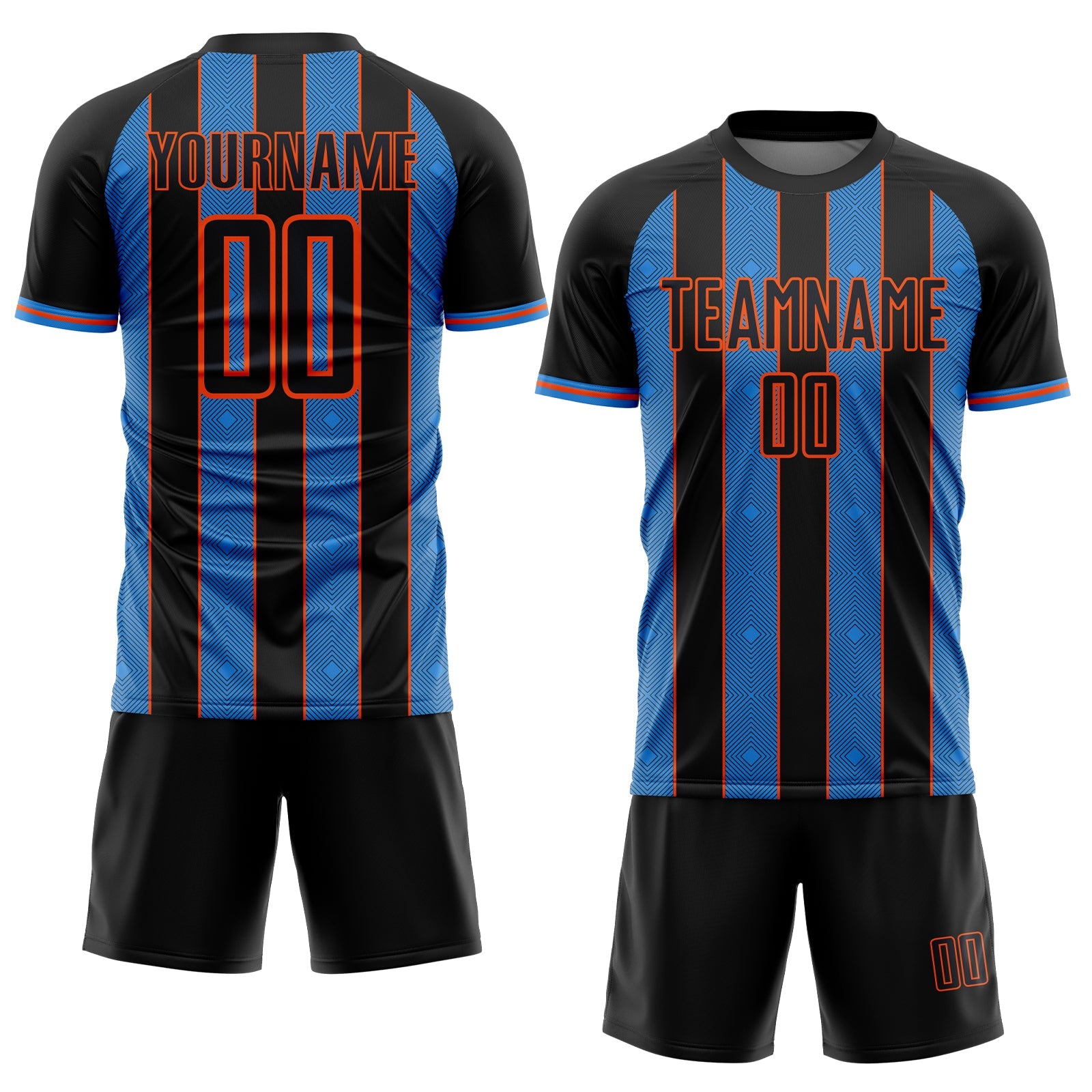 Custom Black Powder Blue-Orange Pinstripe Line Sports Sublimation Soccer Uniform Jersey view 2
