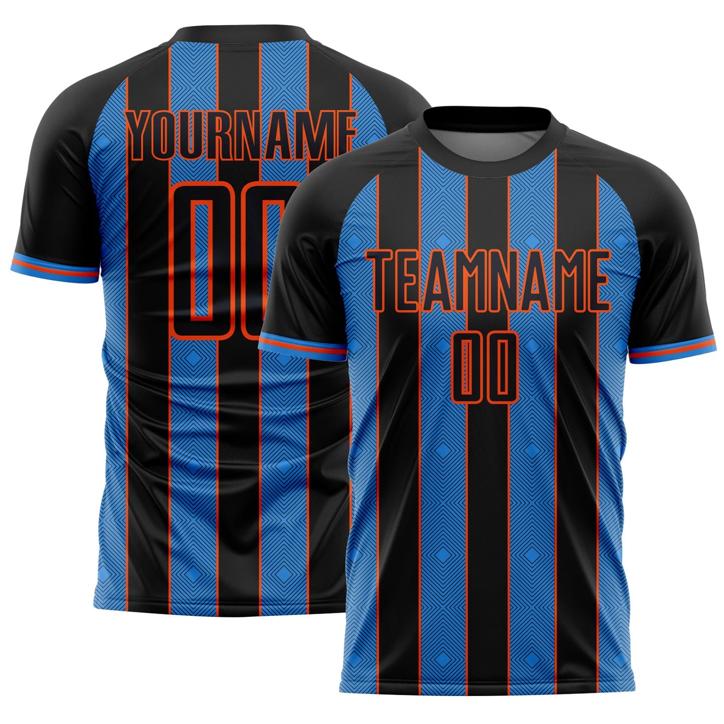 Custom Black Powder Blue-Orange Pinstripe Line Sports Sublimation Soccer Uniform Jersey - Main View