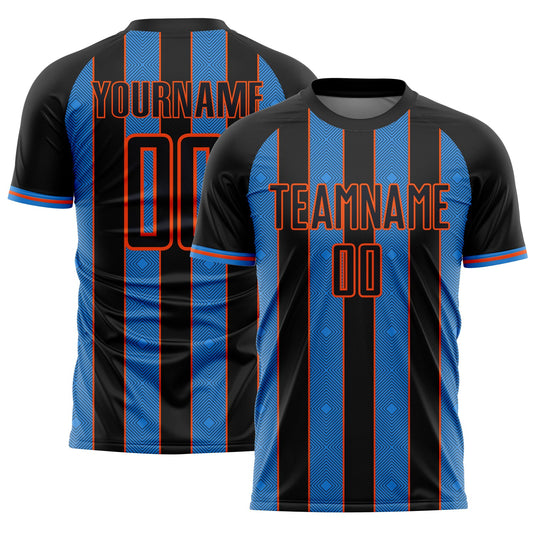 Custom Black Powder Blue-Orange Pinstripe Line Sports Sublimation Soccer Uniform Jersey - Main View