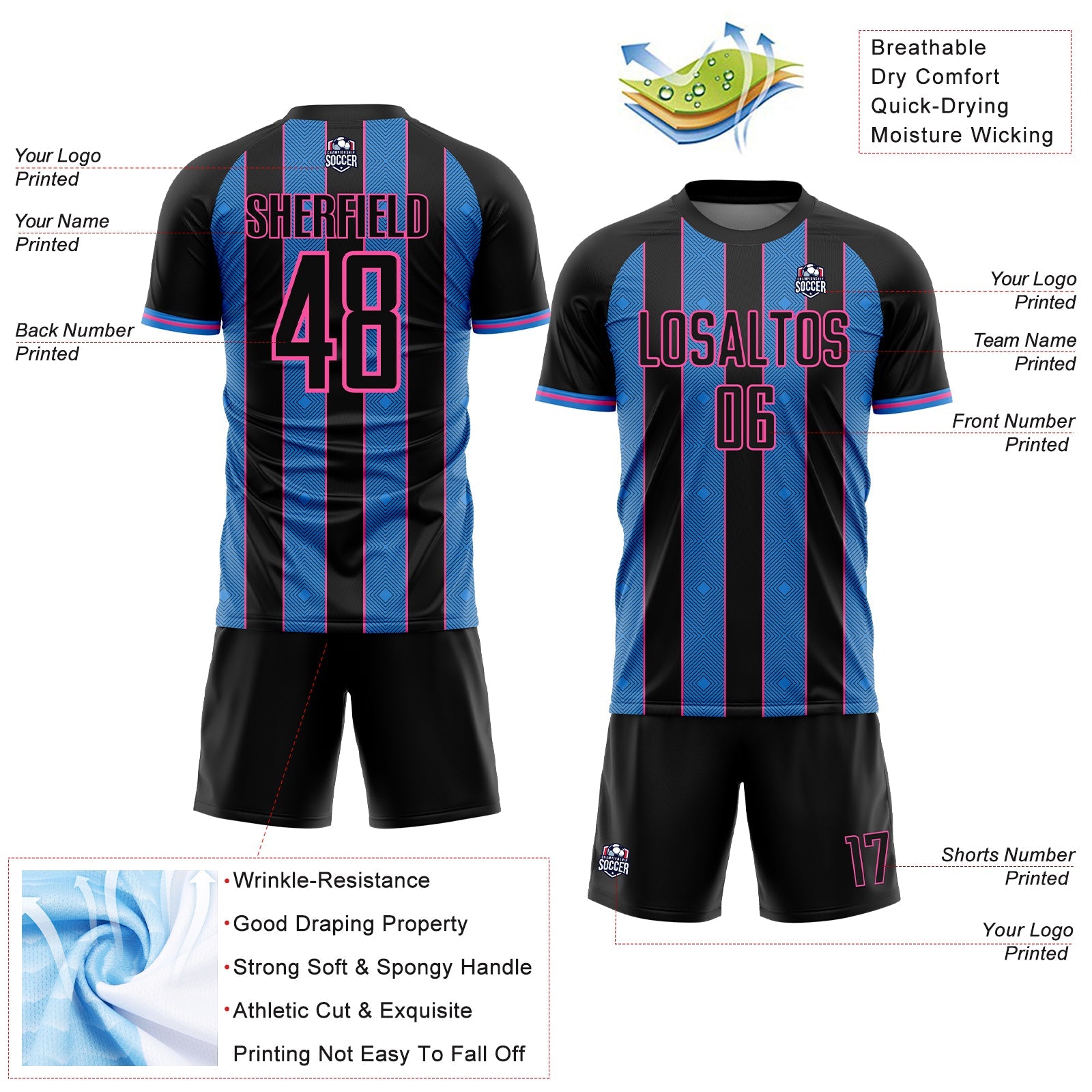Custom Black Powder Blue-Pink Pinstripe Line Sports Sublimation Soccer Uniform Jersey view 4