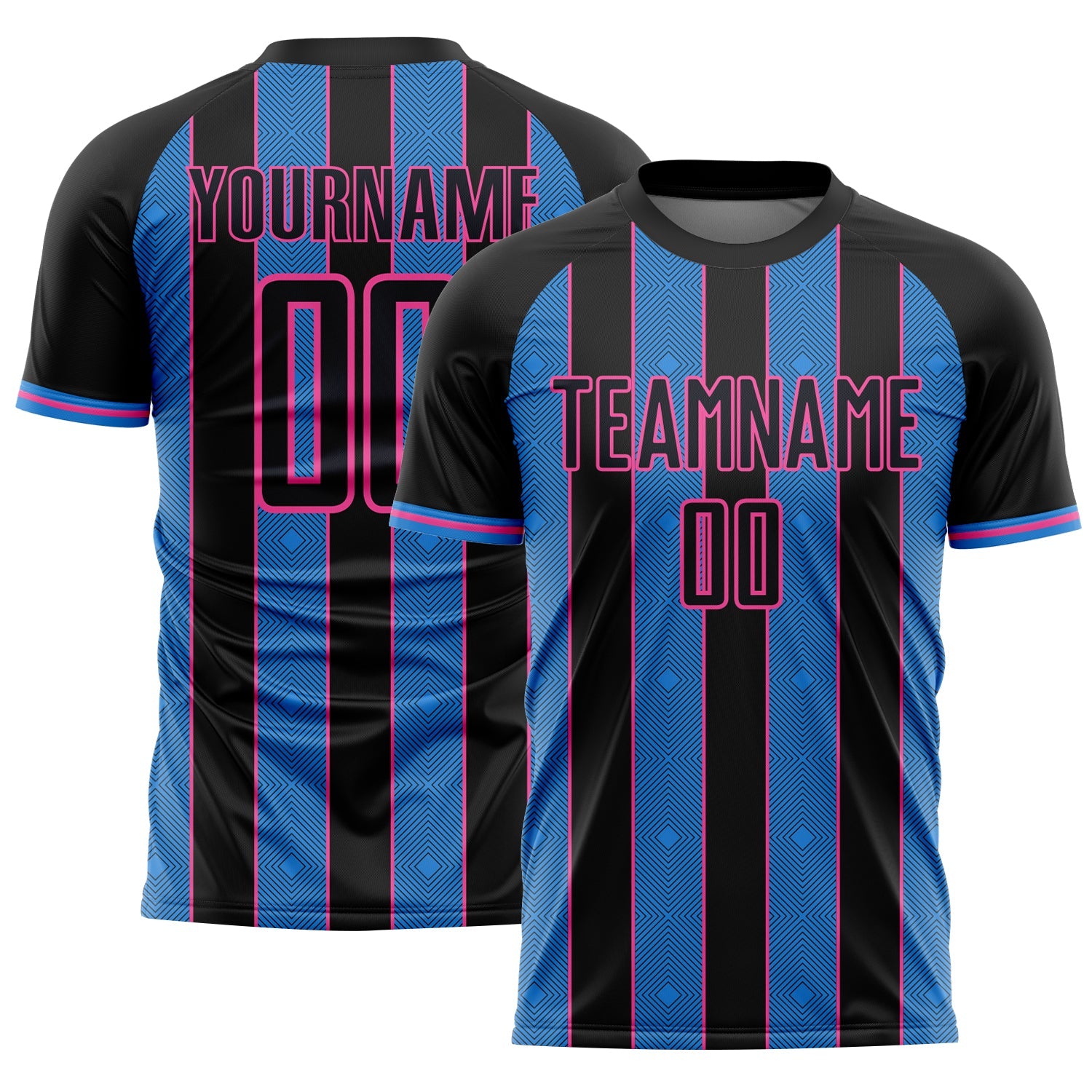 Custom Black Powder Blue-Pink Pinstripe Line Sports Sublimation Soccer Uniform Jersey - Main View