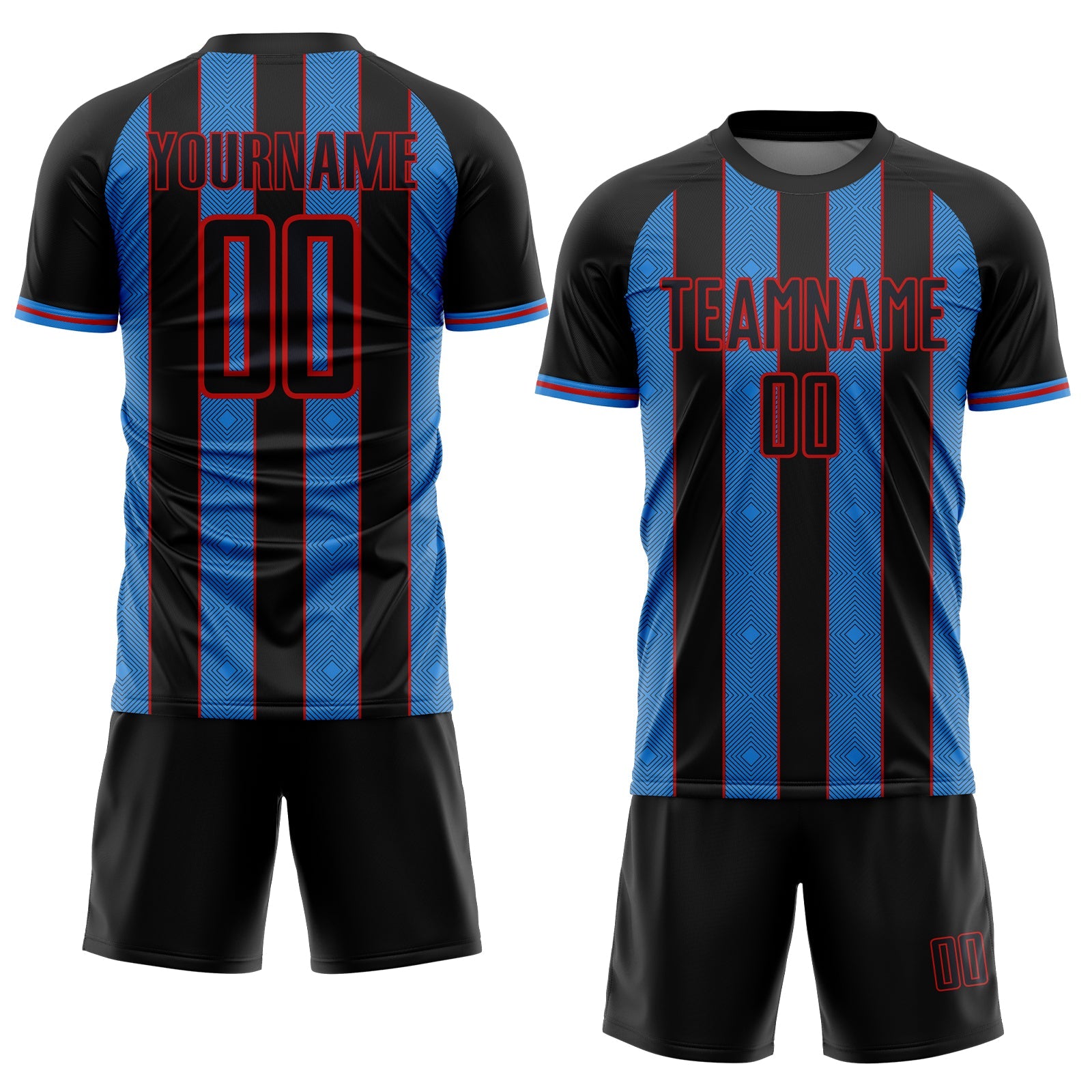 Custom Black Powder Blue-Red Pinstripe Line Sports Sublimation Soccer Uniform Jersey view 2