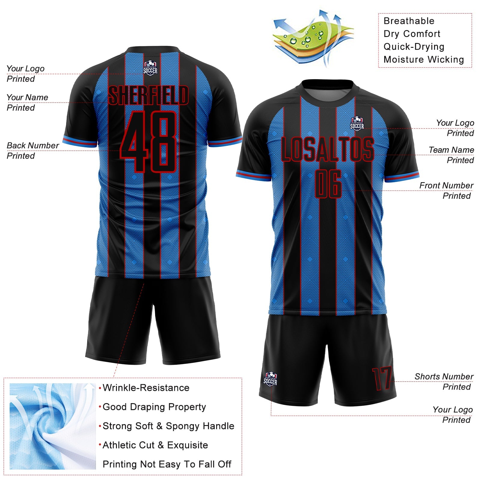 Custom Black Powder Blue-Red Pinstripe Line Sports Sublimation Soccer Uniform Jersey view 4