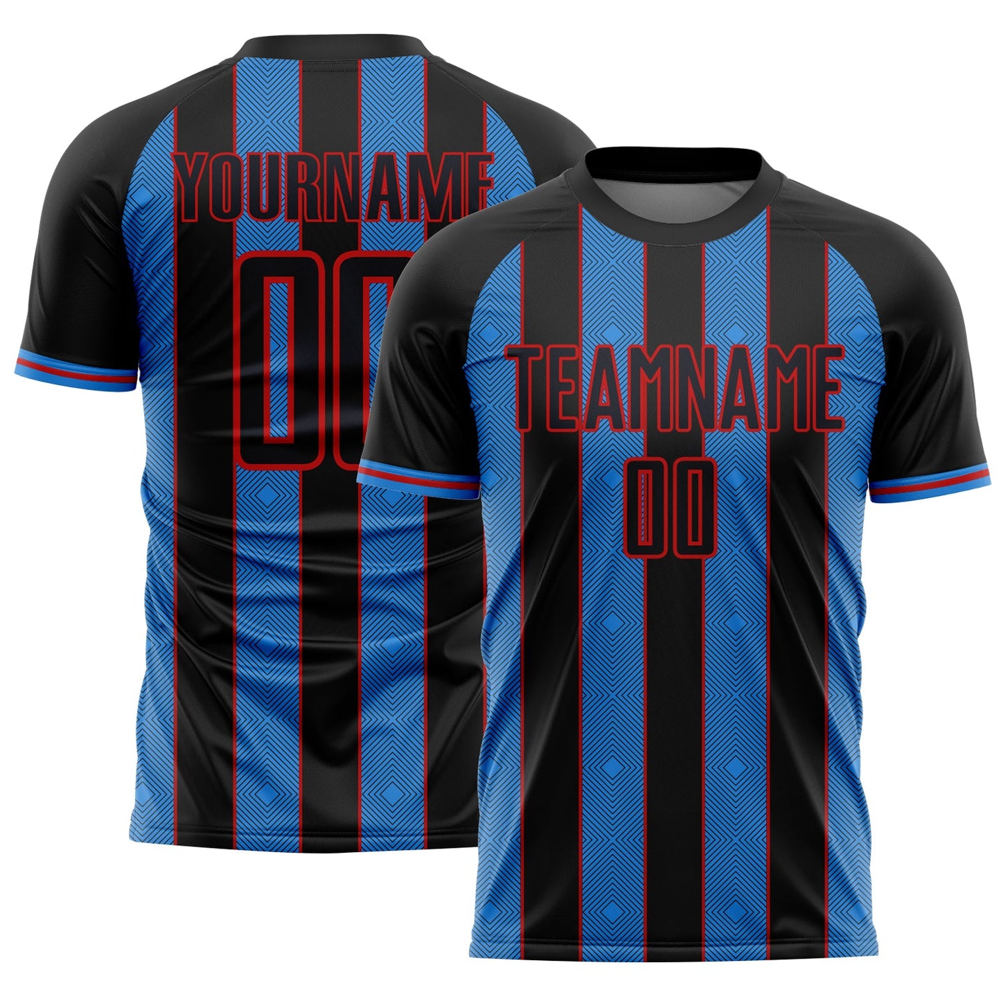 Custom Black Powder Blue-Red Pinstripe Line Sports Sublimation Soccer Uniform Jersey - Main View