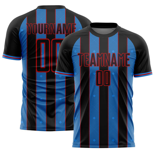 Custom Black Powder Blue-Red Pinstripe Line Sports Sublimation Soccer Uniform Jersey - Main View