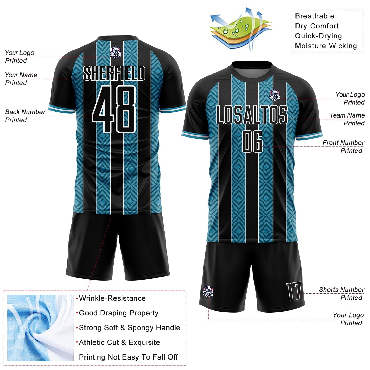 Custom Black Panther Blue-White Pinstripe Line Sports Sublimation Soccer Uniform Jersey view 4