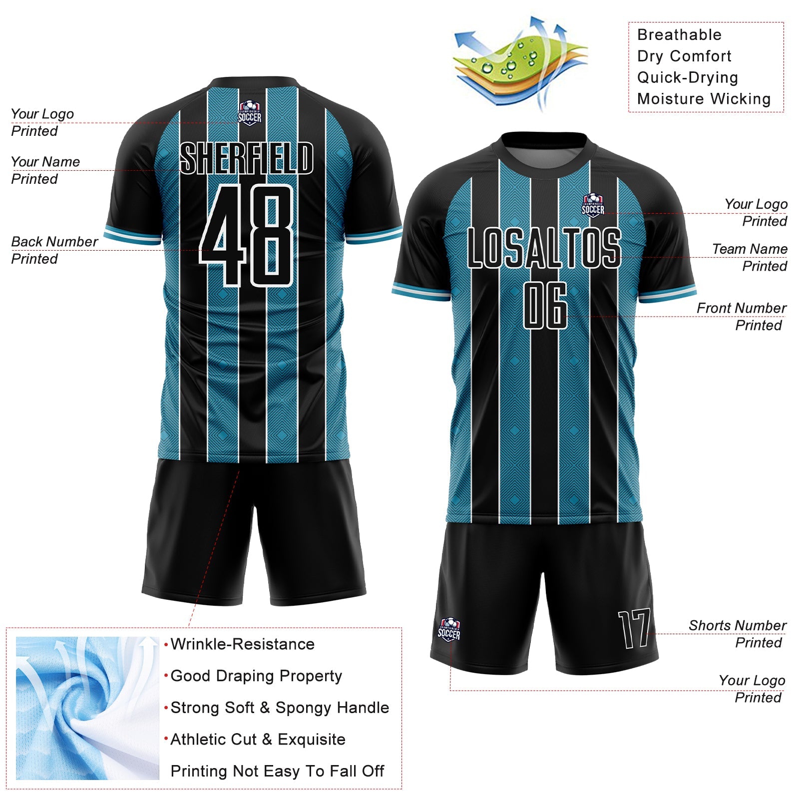 Custom Black Panther Blue-White Pinstripe Line Sports Sublimation Soccer Uniform Jersey view 4