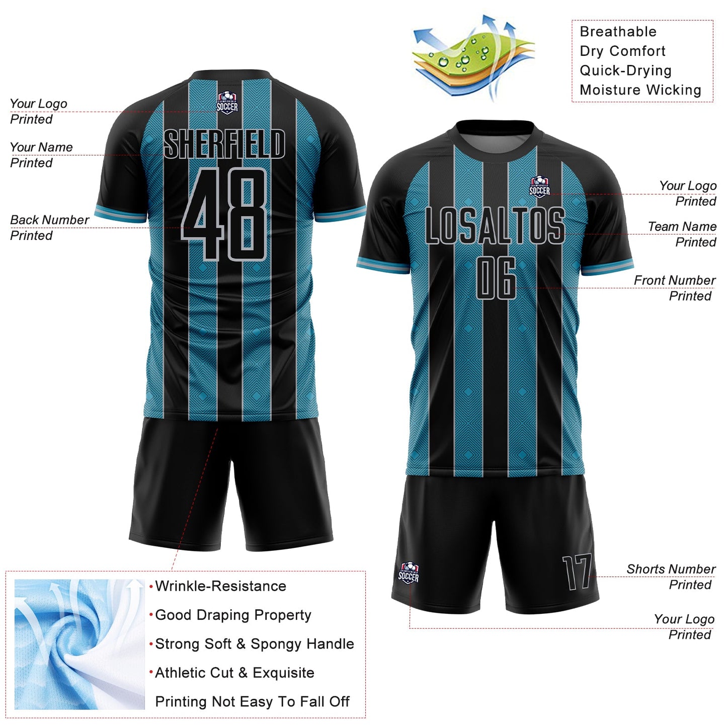 Custom Black Panther Blue-Gray Pinstripe Line Sports Sublimation Soccer Uniform Jersey view 4