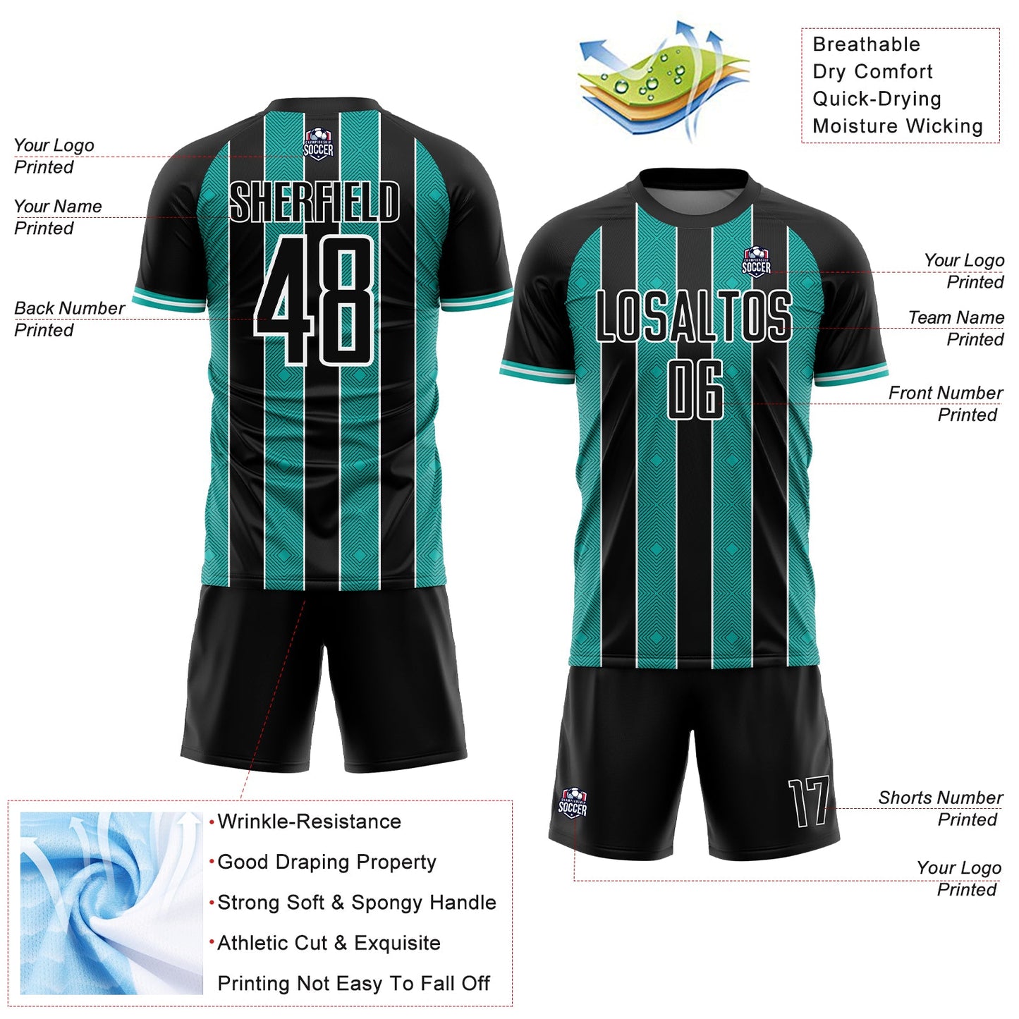 Custom Black Aqua-White Pinstripe Line Sports Sublimation Soccer Uniform Jersey view 4