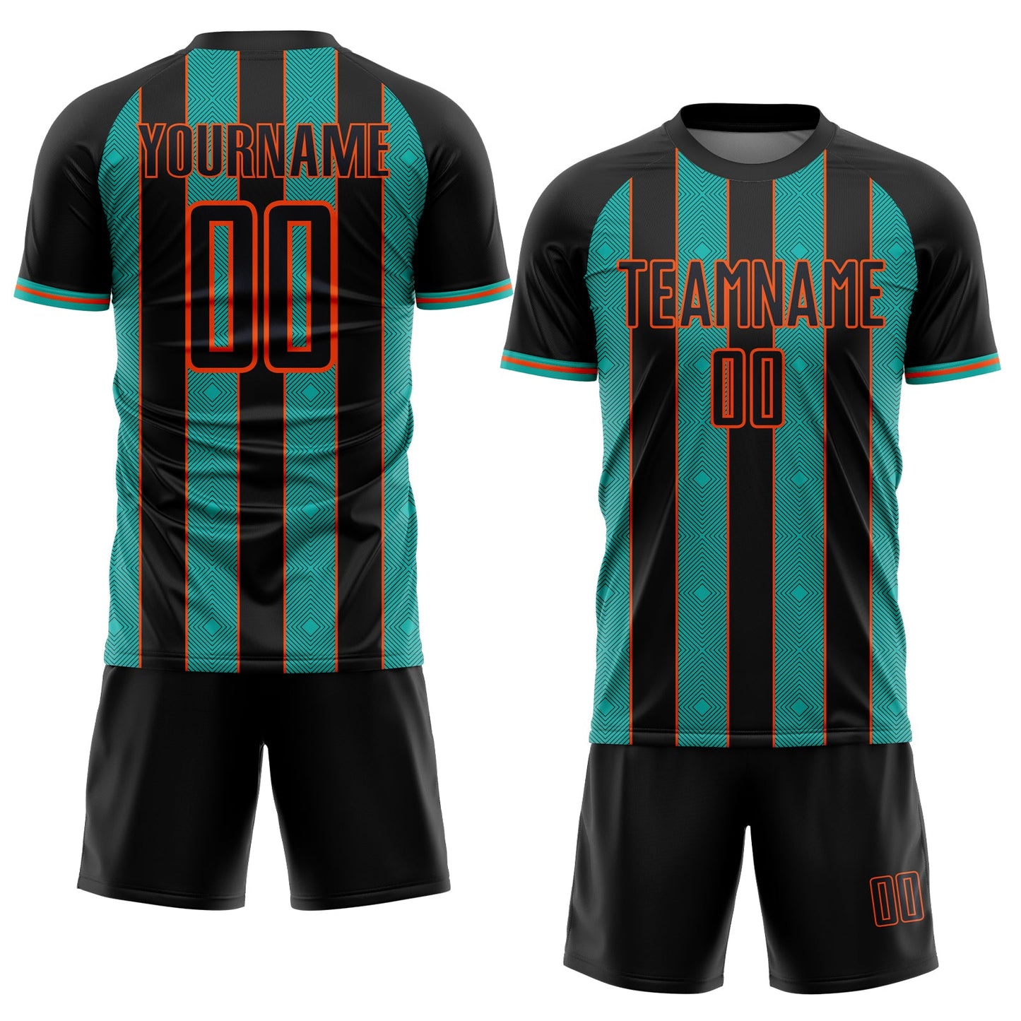 Custom Black Aqua-Orange Pinstripe Line Sports Sublimation Soccer Uniform Jersey view 2