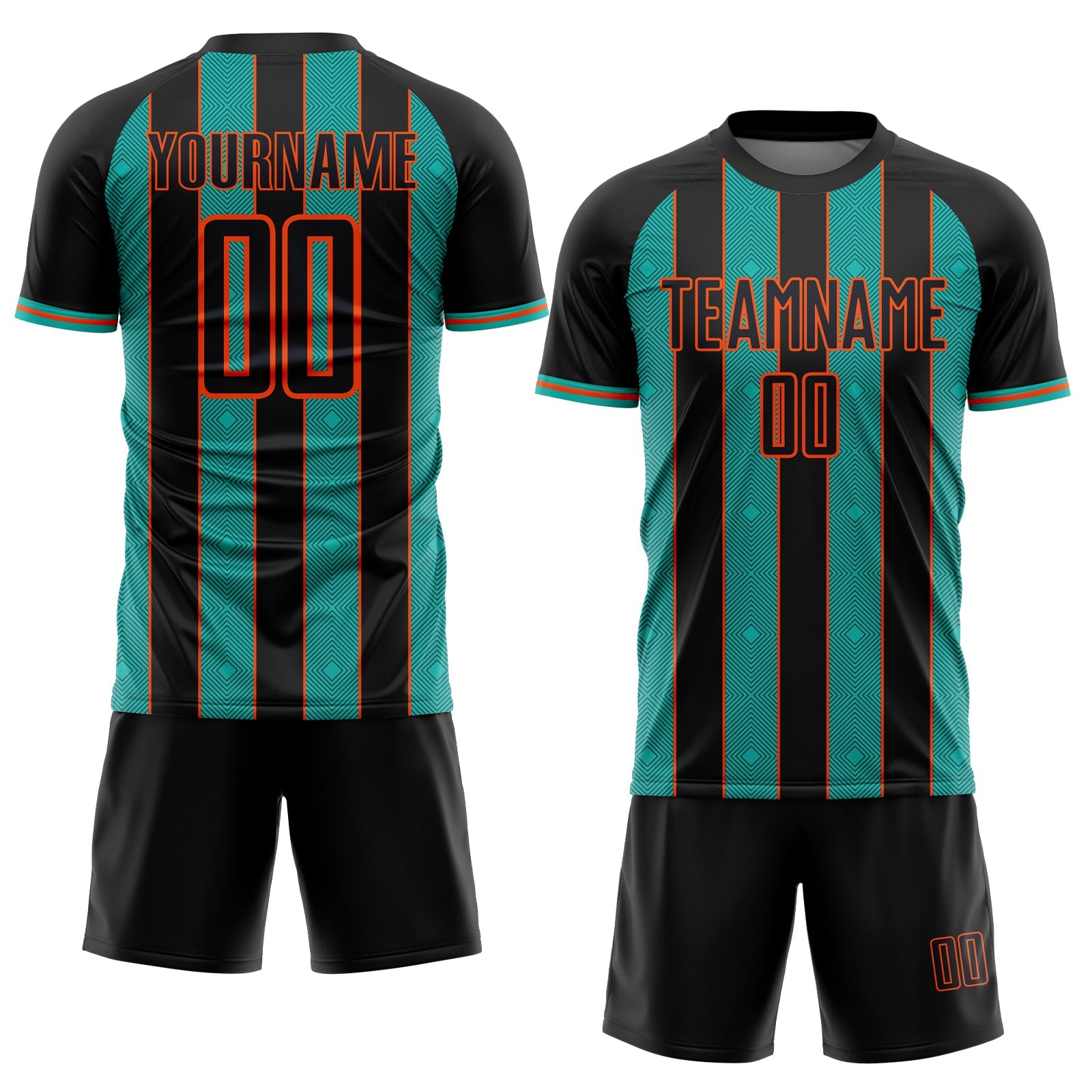 Custom Black Aqua-Orange Pinstripe Line Sports Sublimation Soccer Uniform Jersey view 2