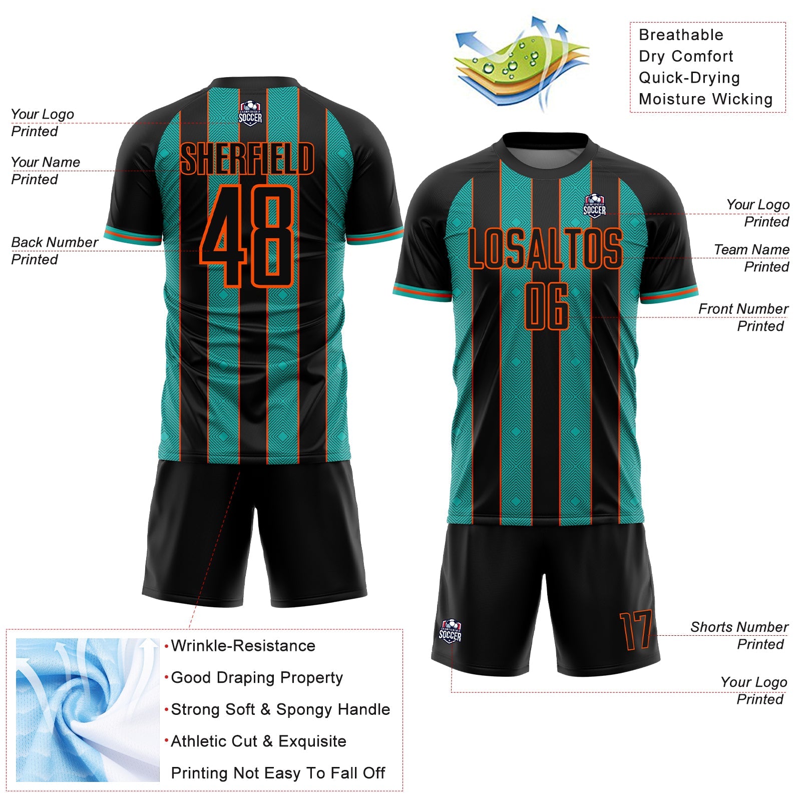 Custom Black Aqua-Orange Pinstripe Line Sports Sublimation Soccer Uniform Jersey view 4