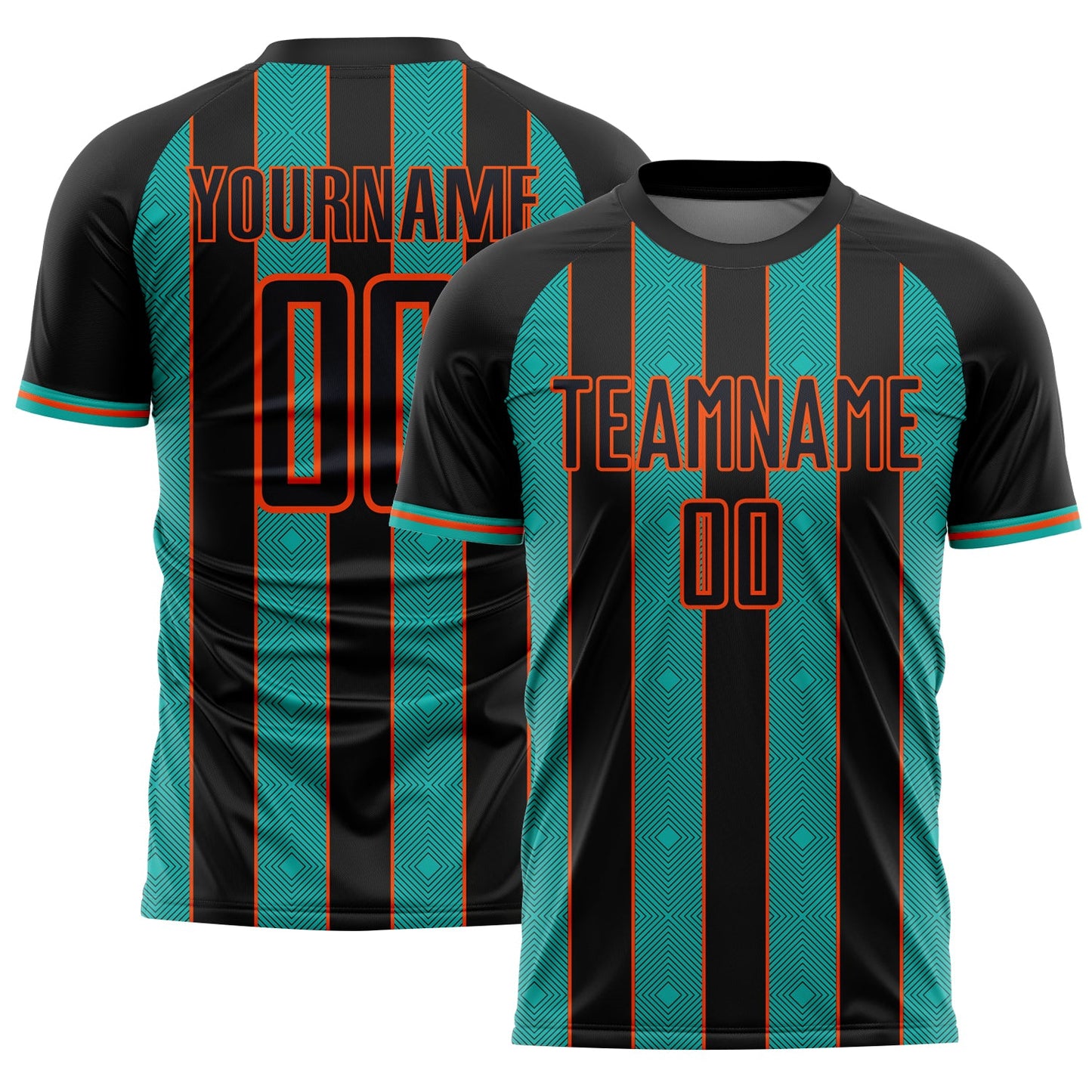 Custom Black Aqua-Orange Pinstripe Line Sports Sublimation Soccer Uniform Jersey - Main View