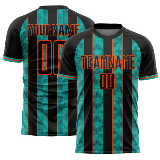 Custom Black Aqua-Orange Pinstripe Line Sports Sublimation Soccer Uniform Jersey - Main View