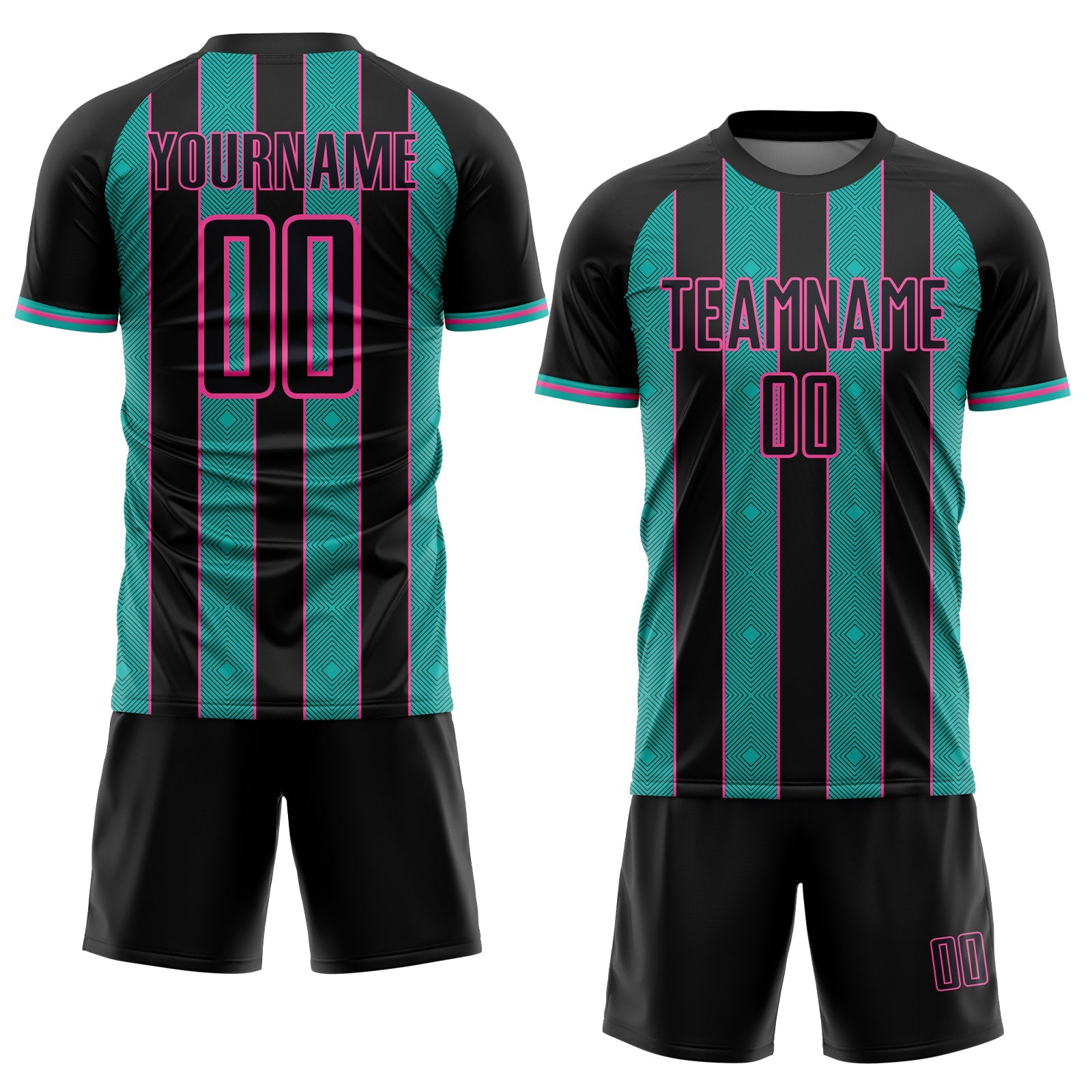 Custom Black Aqua-Pink Pinstripe Line Sports Sublimation Soccer Uniform Jersey view 2