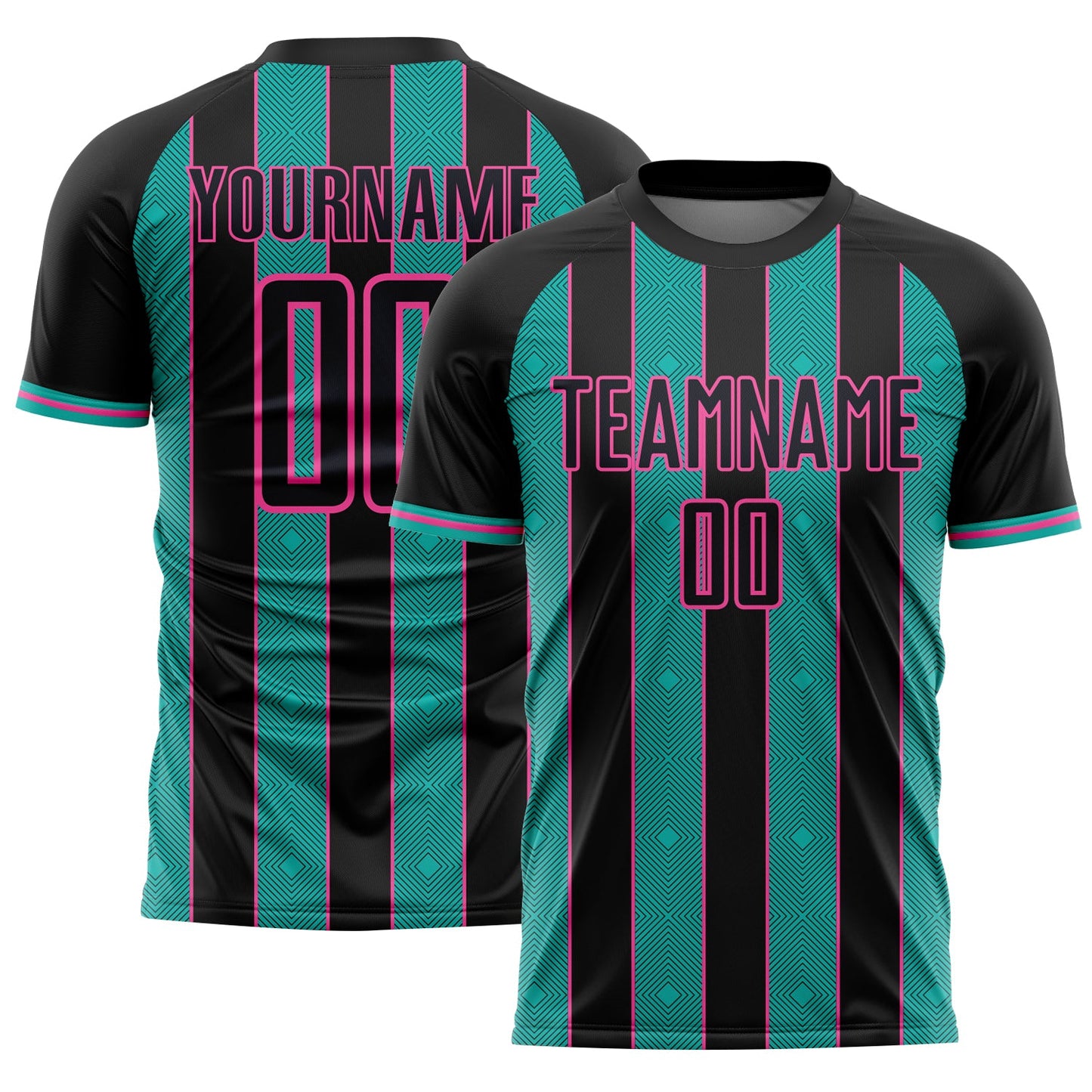 Custom Black Aqua-Pink Pinstripe Line Sports Sublimation Soccer Uniform Jersey - Main View