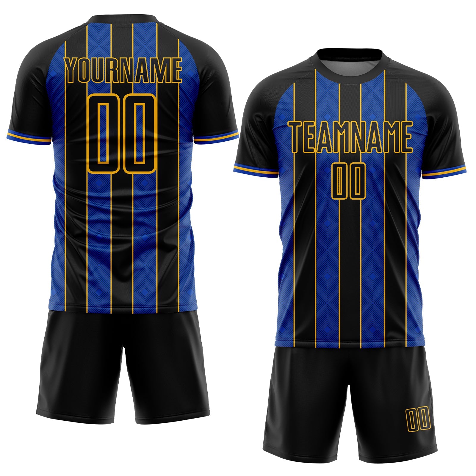 Custom Black Thunder Blue-Gold Pinstripe Line Sports Sublimation Soccer Uniform Jersey view 2