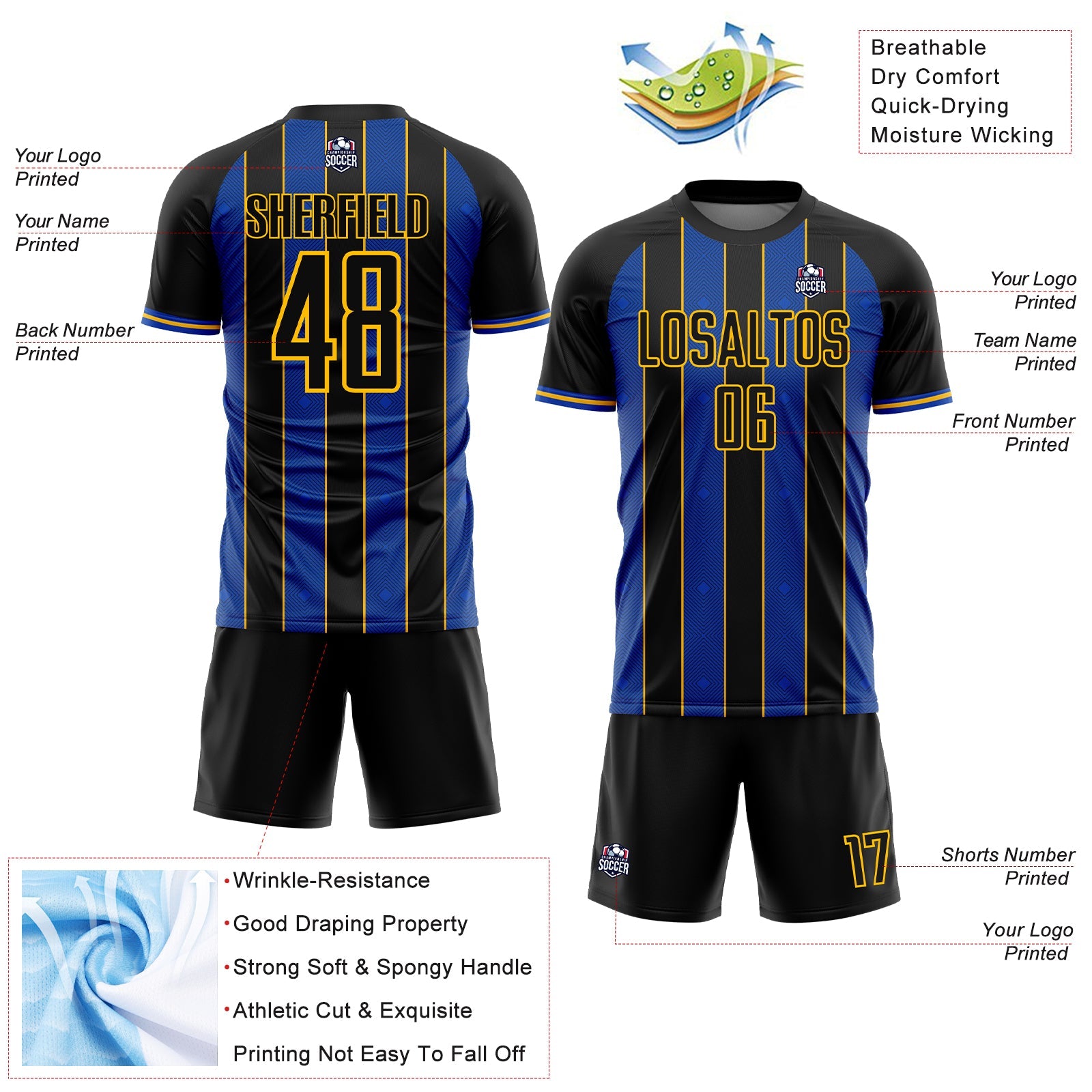 Custom Black Thunder Blue-Gold Pinstripe Line Sports Sublimation Soccer Uniform Jersey view 4