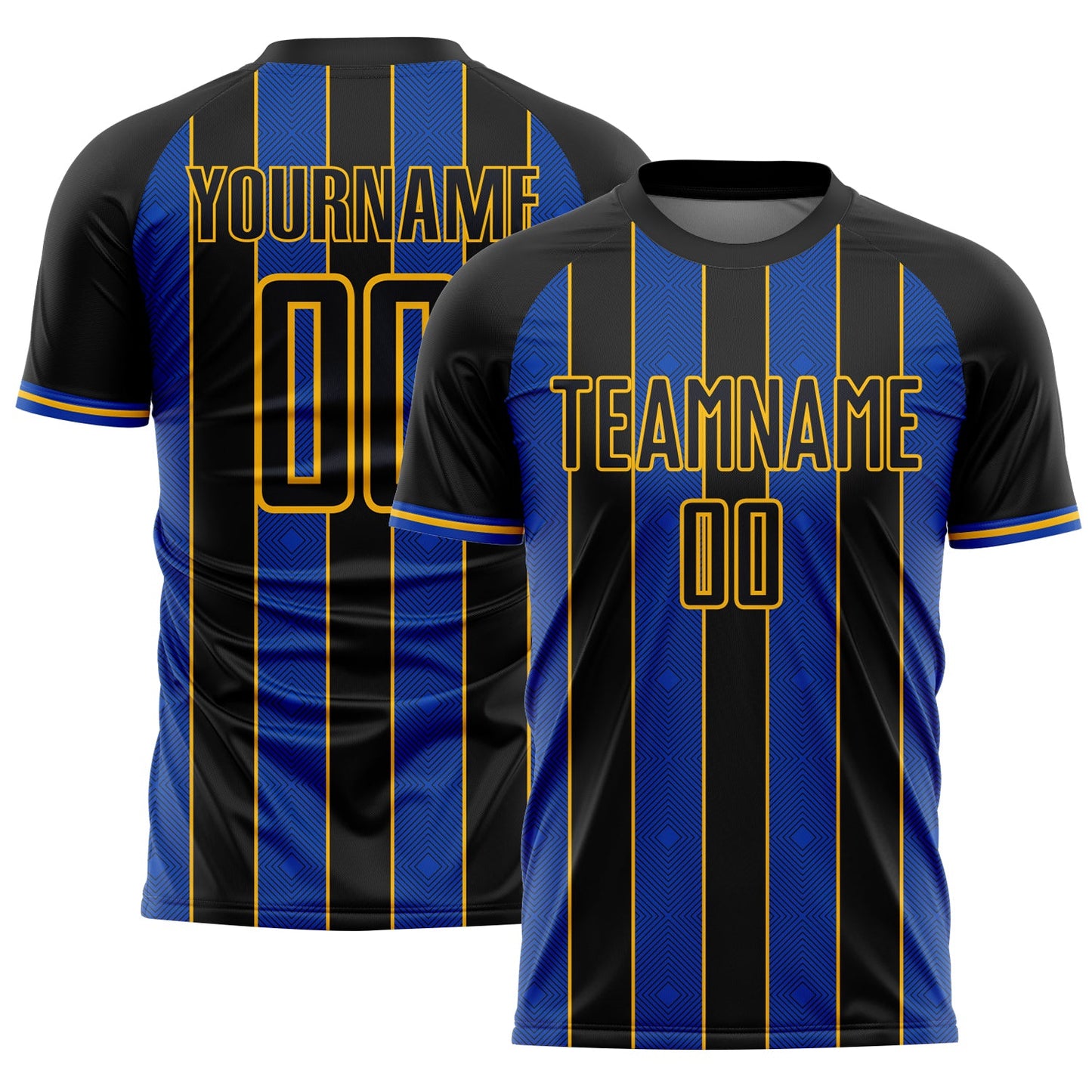 Custom Black Thunder Blue-Gold Pinstripe Line Sports Sublimation Soccer Uniform Jersey - Main View