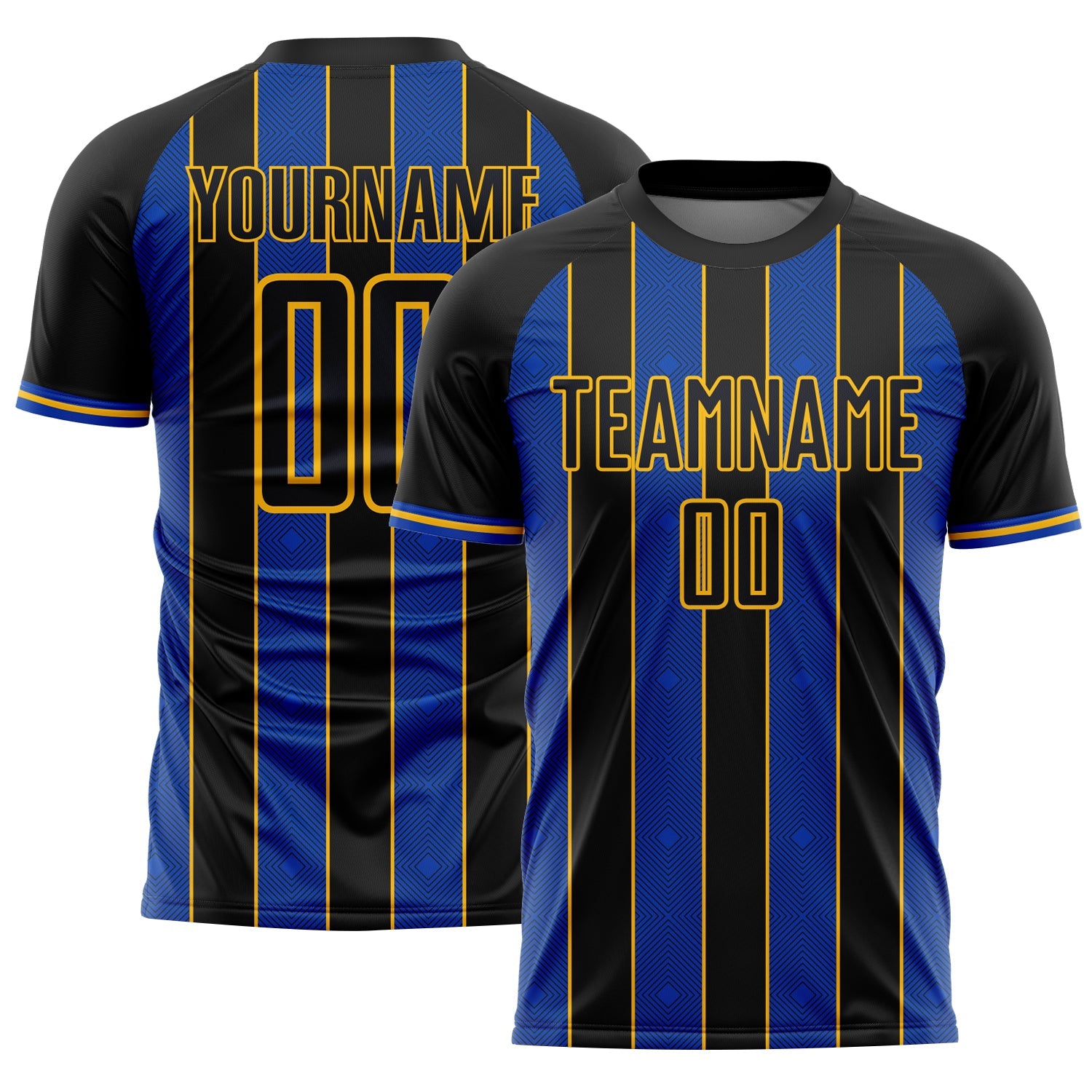 Custom Black Thunder Blue-Gold Pinstripe Line Sports Sublimation Soccer Uniform Jersey - Main View