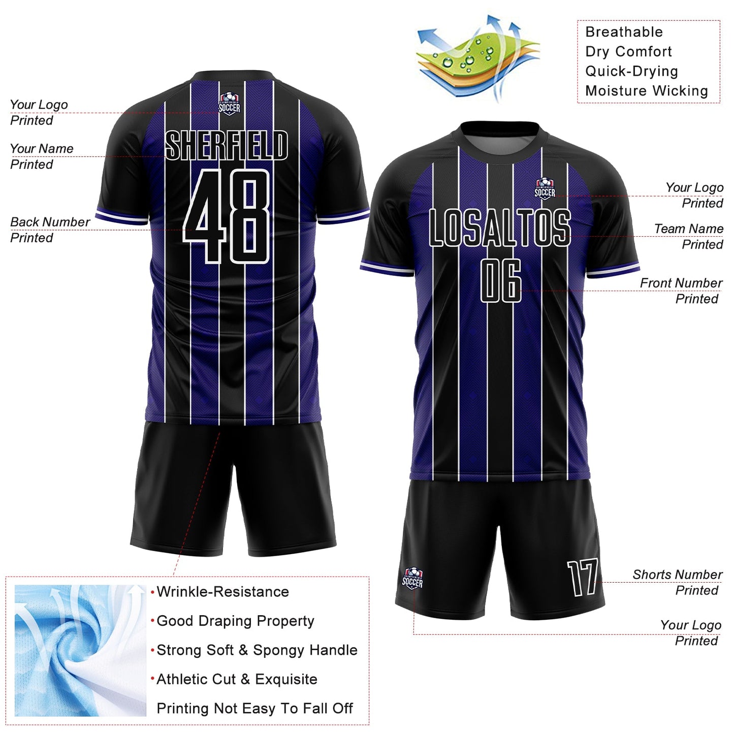 Custom Black Dark Purple-White Pinstripe Line Sports Sublimation Soccer Uniform Jersey view 4