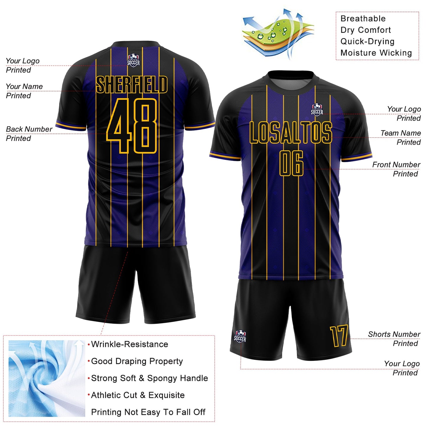Custom Black Dark Purple-Gold Pinstripe Line Sports Sublimation Soccer Uniform Jersey view 4