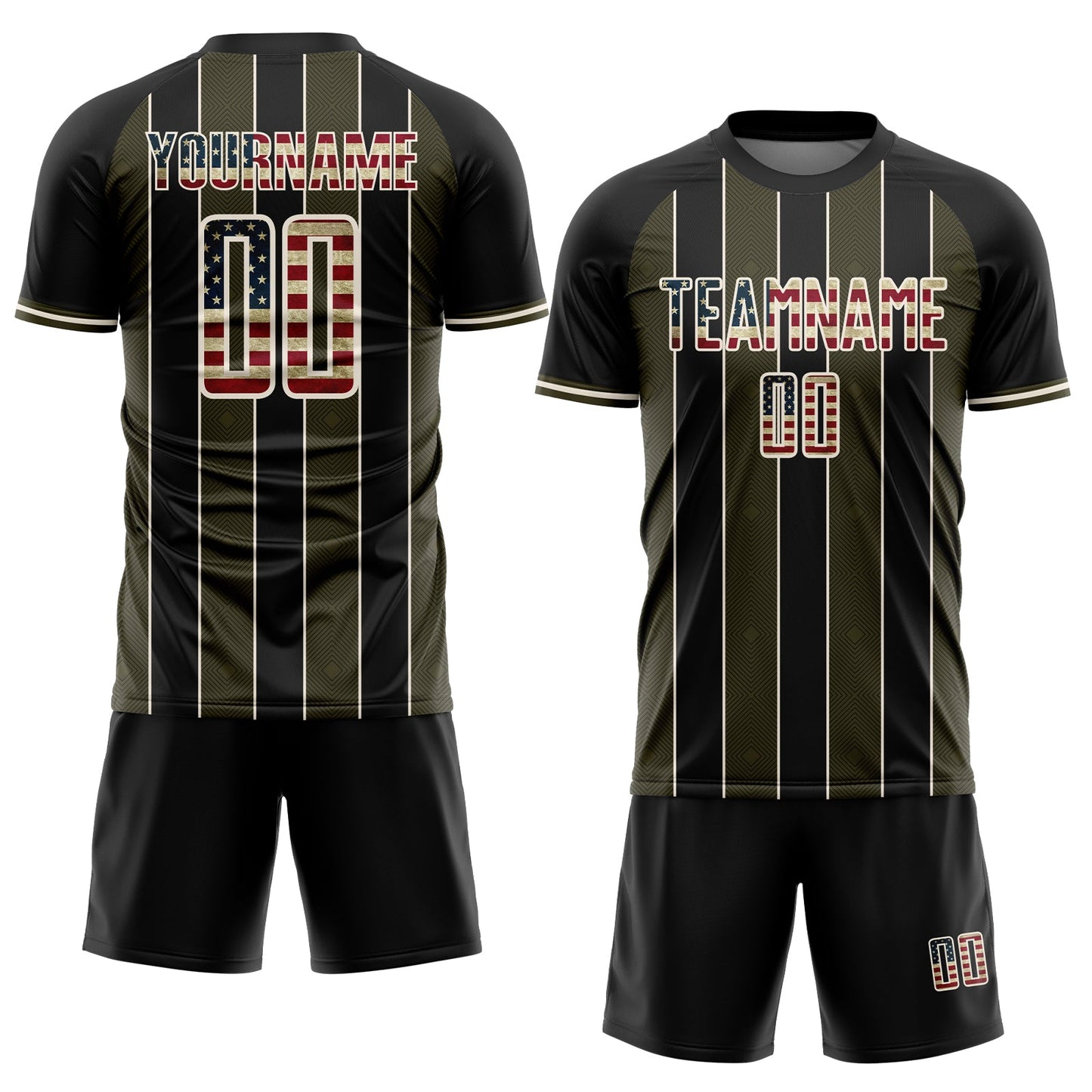 Custom Black Vintage USA Flag Olive-Cream Pinstripe Line Sports Sublimation Soccer Uniform Jersey view 2