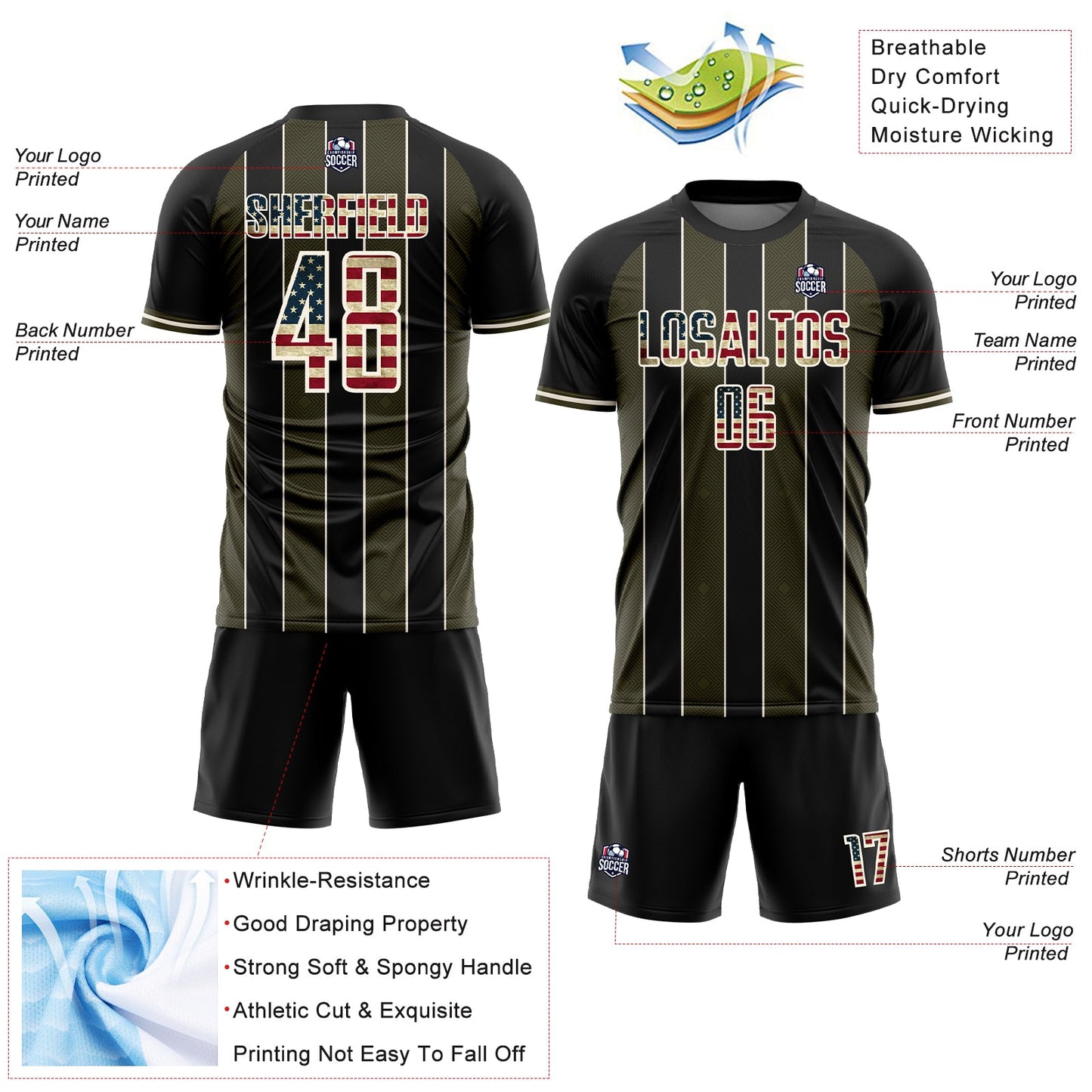 Custom Black Vintage USA Flag Olive-Cream Pinstripe Line Sports Sublimation Soccer Uniform Jersey view 4