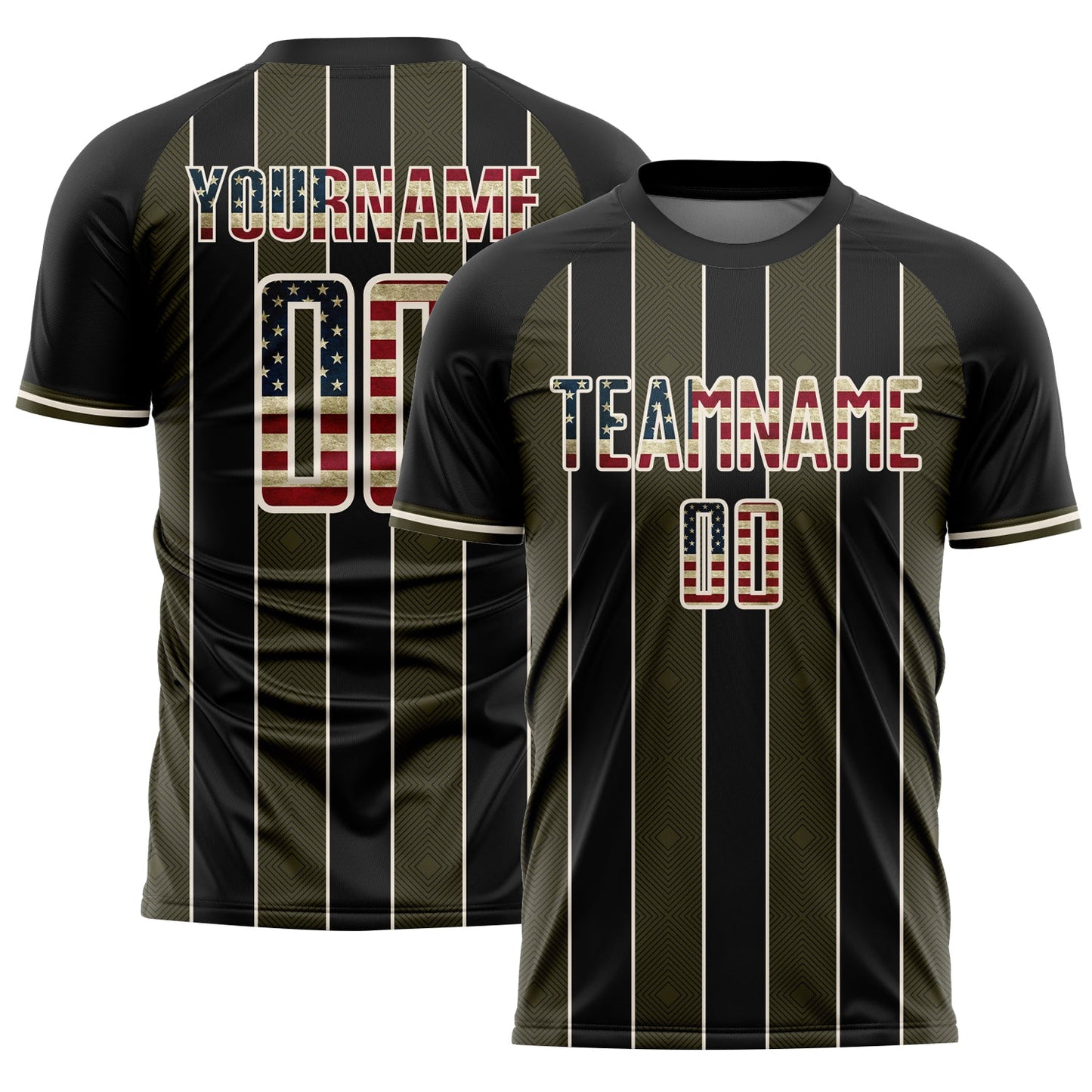 Custom Black Vintage USA Flag Olive-Cream Pinstripe Line Sports Sublimation Soccer Uniform Jersey - Main View