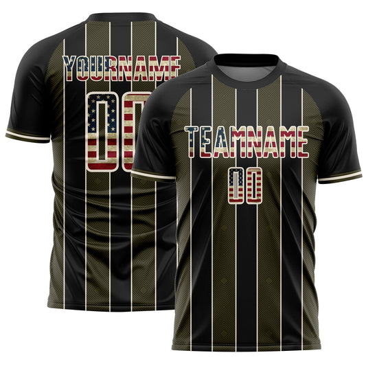Custom Black Vintage USA Flag Olive-Cream Pinstripe Line Sports Sublimation Soccer Uniform Jersey - Main View