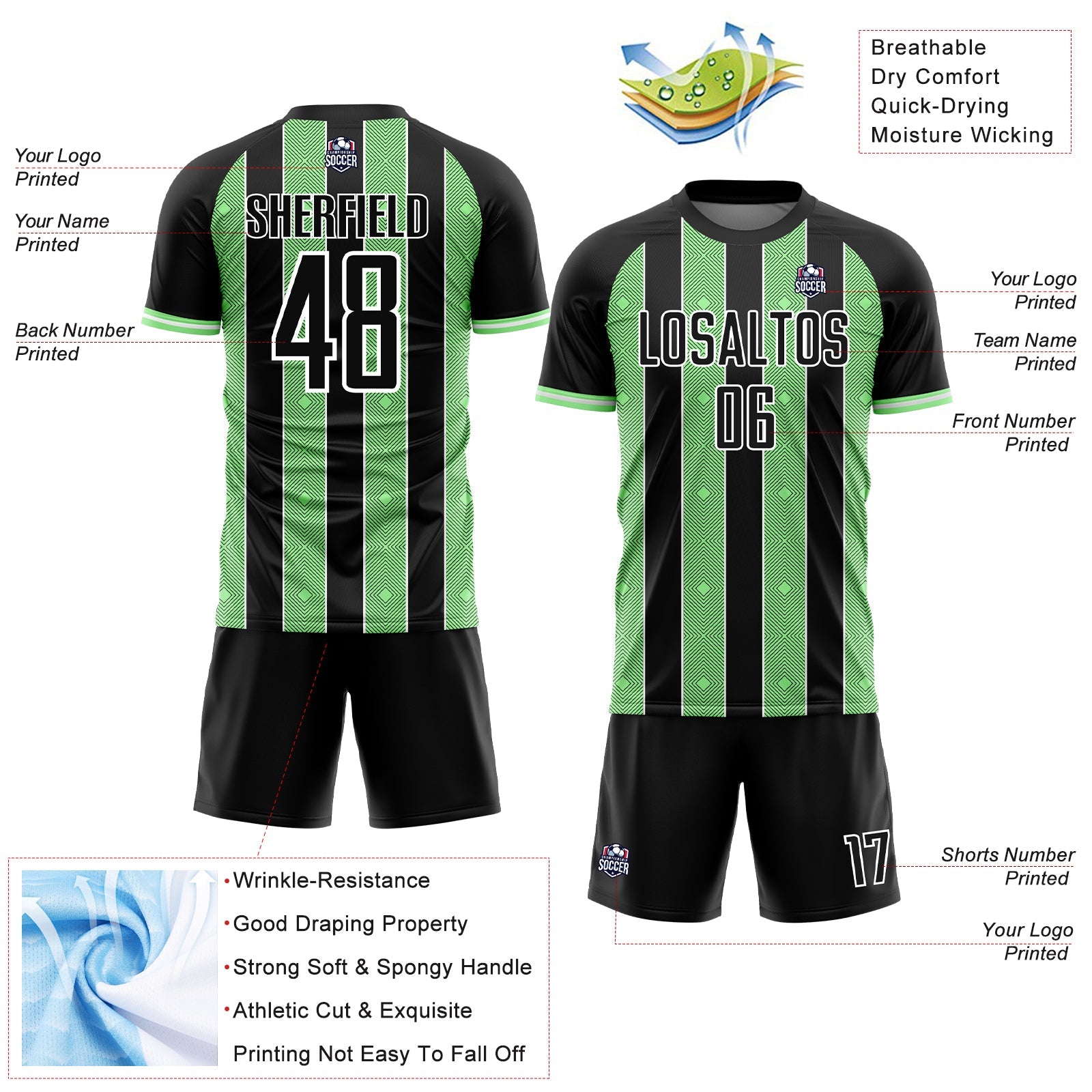 Custom Black Pea Green-White Pinstripe Line Sports Sublimation Soccer Uniform Jersey view 4