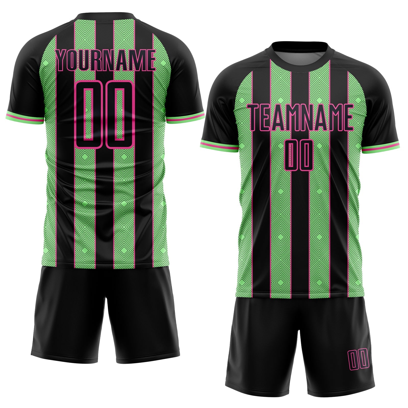 Custom Black Pea Green-Pink Pinstripe Line Sports Sublimation Soccer Uniform Jersey view 2